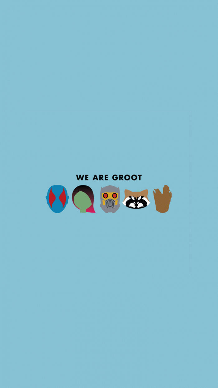 藍色背景上五個卡通角色頭像，帶有「WE ARE GROOT」文字。 — 格魯特 GIF 壁紙