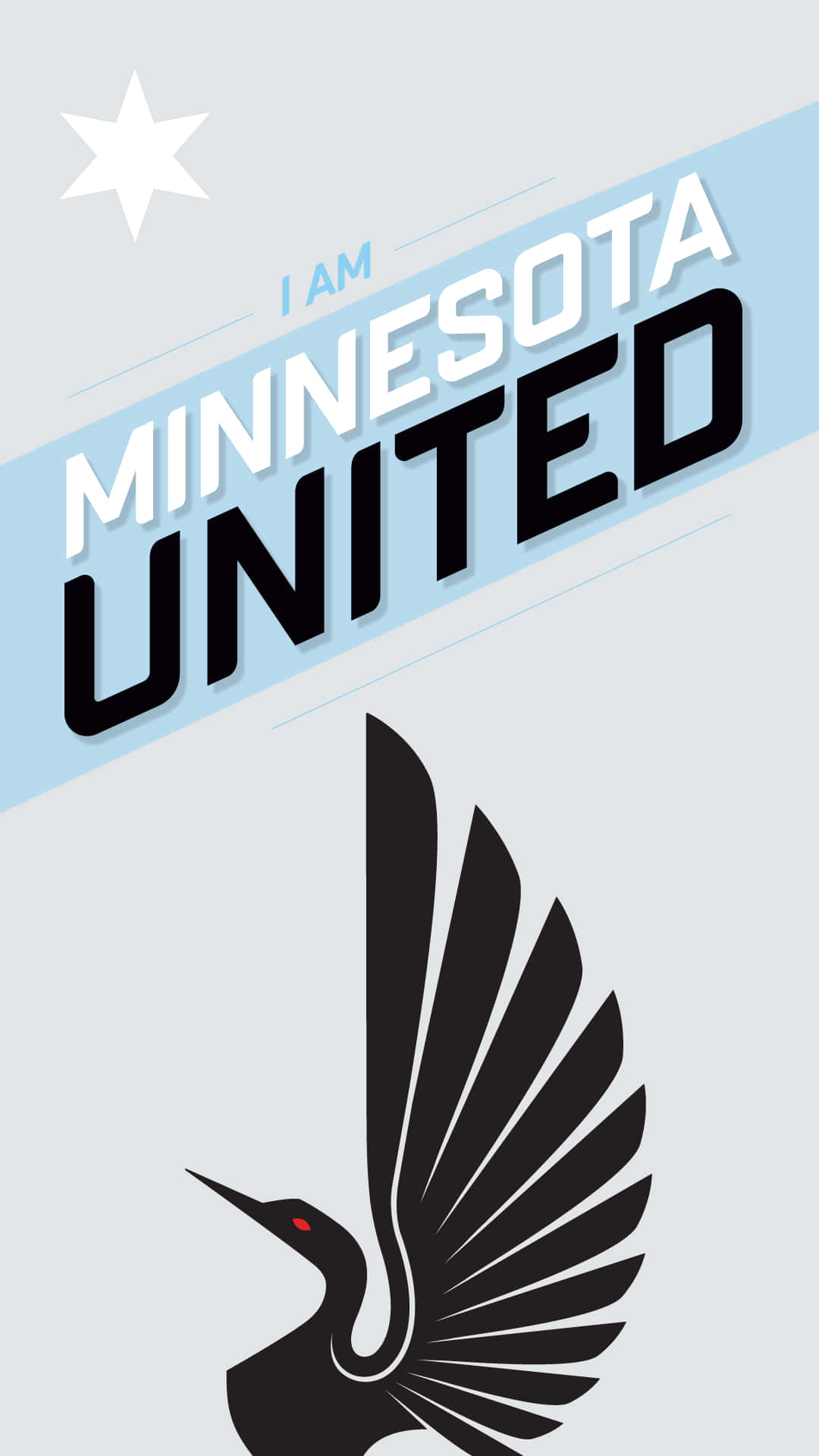足球 桌布 壁紙 — 極簡圖形，粗體文字 'I AM MINNESOTA UNITED' 位於一隻風格化的黑色鳥上方，鳥展翅並有紅色眼睛。