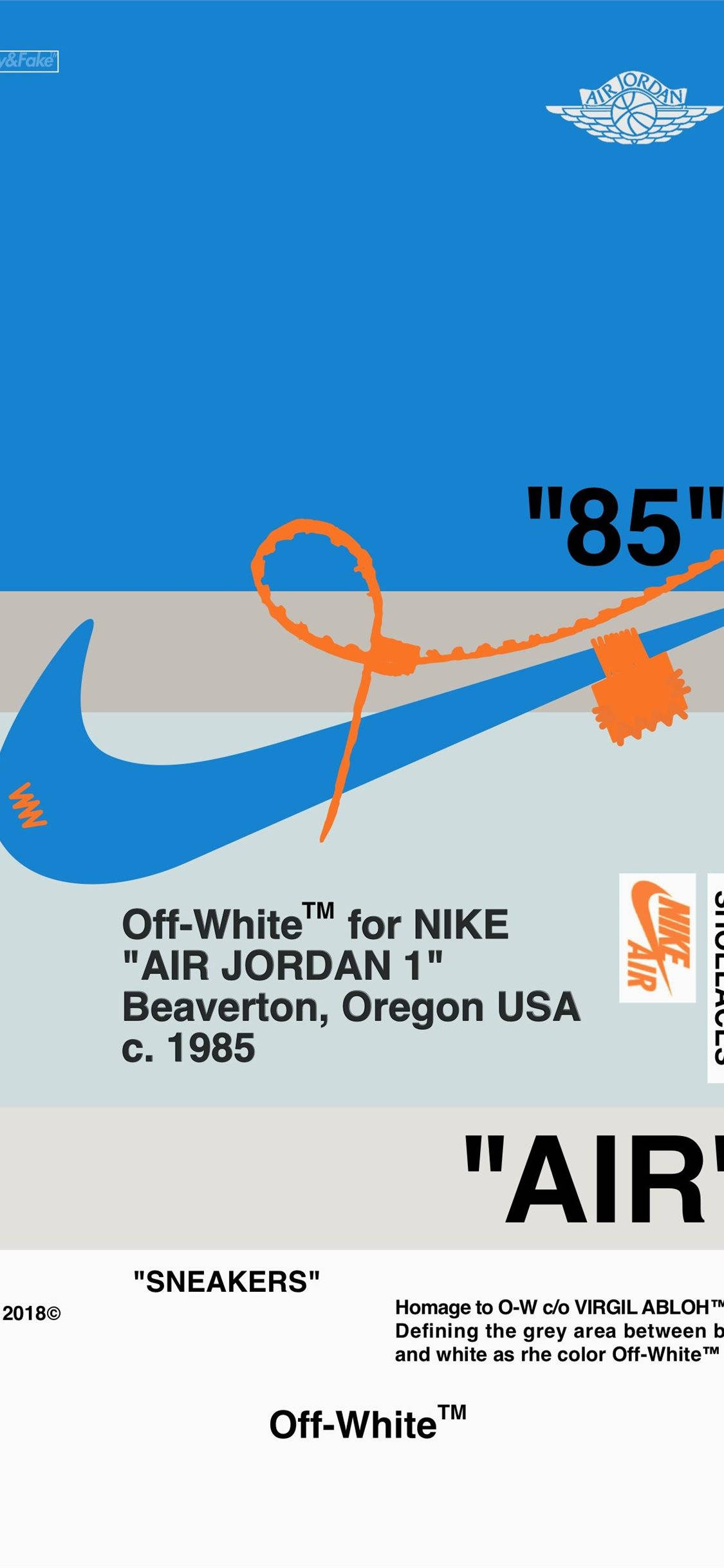 Nike iPhone 桌布 壁紙 — 極簡圖形設計，採用藍色Nike勾勾搭配橙色縫線，以及參照Off-White 1985 Air Jordan 1聯名款的文字元素。