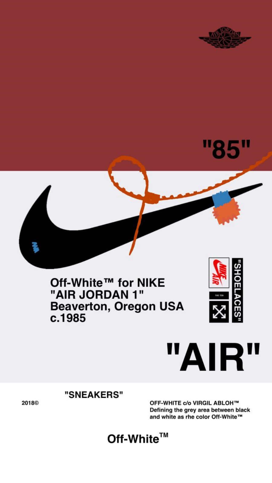 Nike 桌布 壁紙 — 極簡圖形設計，黑色Nike勾勾搭配橙色鞋帶，紅白背景附文字細節。