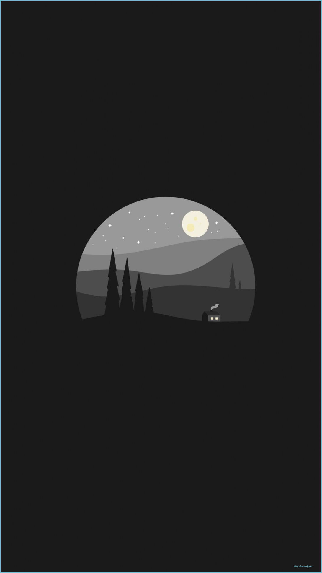 Clean 桌布 壁紙 — 極簡夜景，剪影樹木與冒煙小屋上方懸掛著一輪發光的月亮，背景是星空。
