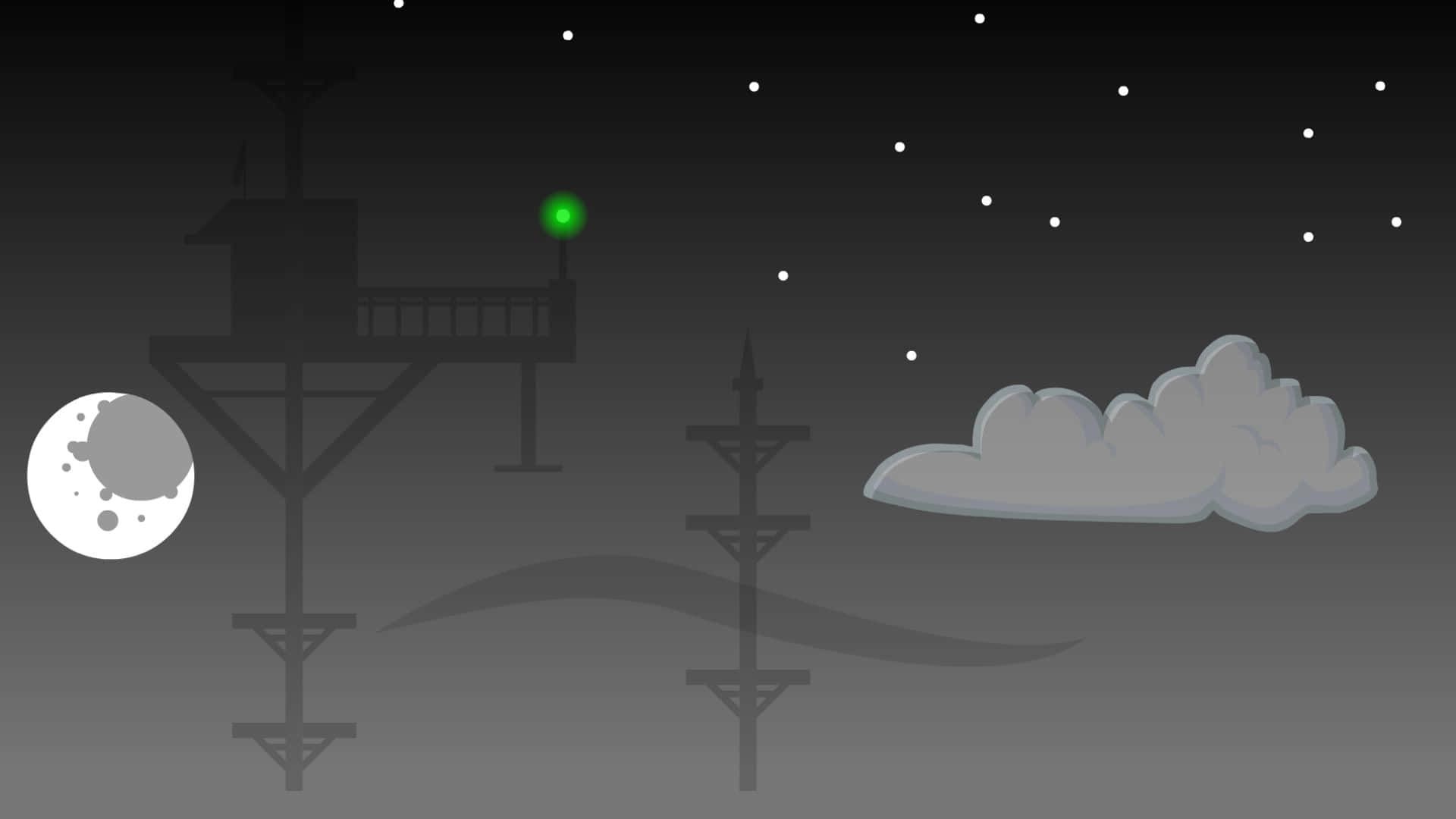 Bfdi 桌布 壁紙 — 極簡夜景，剪影風格的瞭望塔和天線，背景是星空、新月和發光的綠光。
