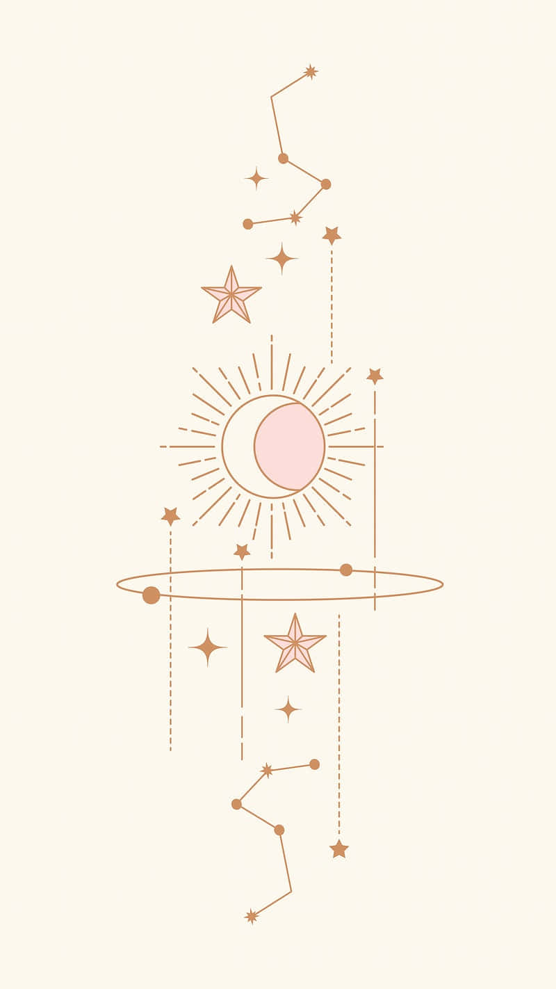 Leo Aesthetic 桌布 壁紙 — 極簡天體設計，新月、太陽和星星垂直排列在奶油色背景上。