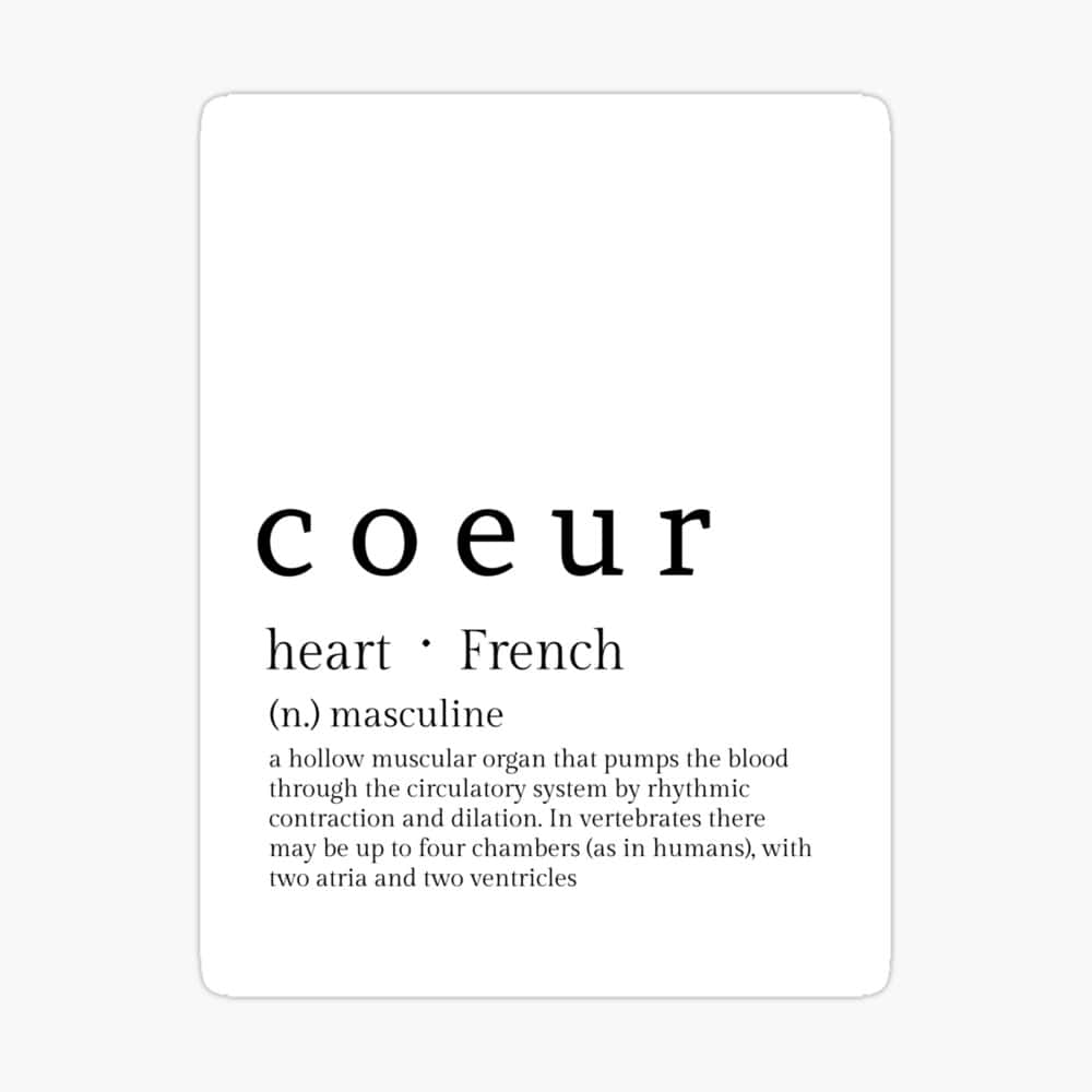  壁紙 — 極簡字體海報，以白色背景上的簡潔黑色文字將 'coeur' 定義為法語中的心臟，並附有解剖學描述。