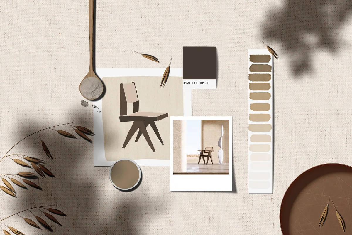 Pinterest Aesthetic 桌布 壁紙 — 極簡室內設計元素的平鋪佈局，包括椅子草圖、色板和在紋理米色布料上的乾草。