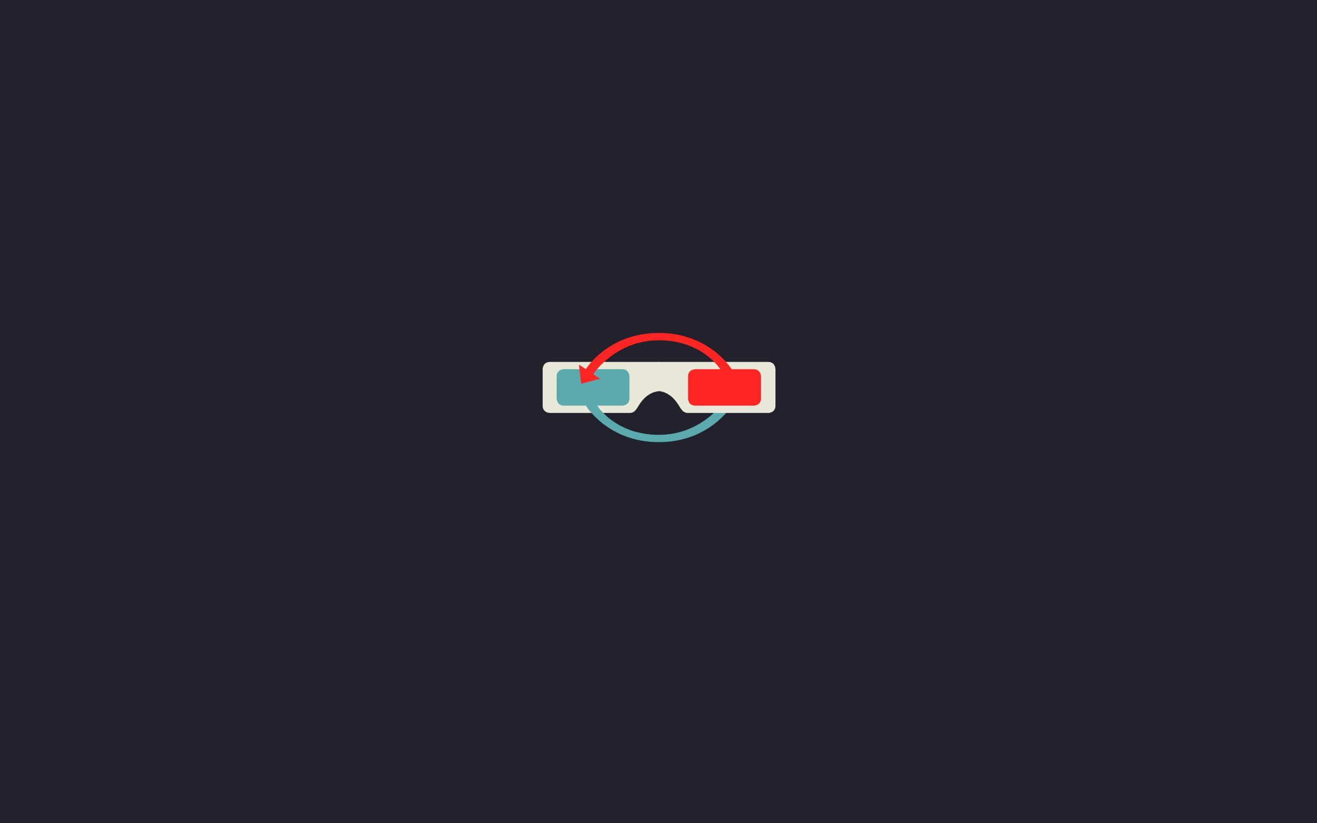 Eyeglasses 桌布 壁紙 — 極簡平面設計3D眼鏡圖示，紅色和青色鏡片居中於深色背景上。