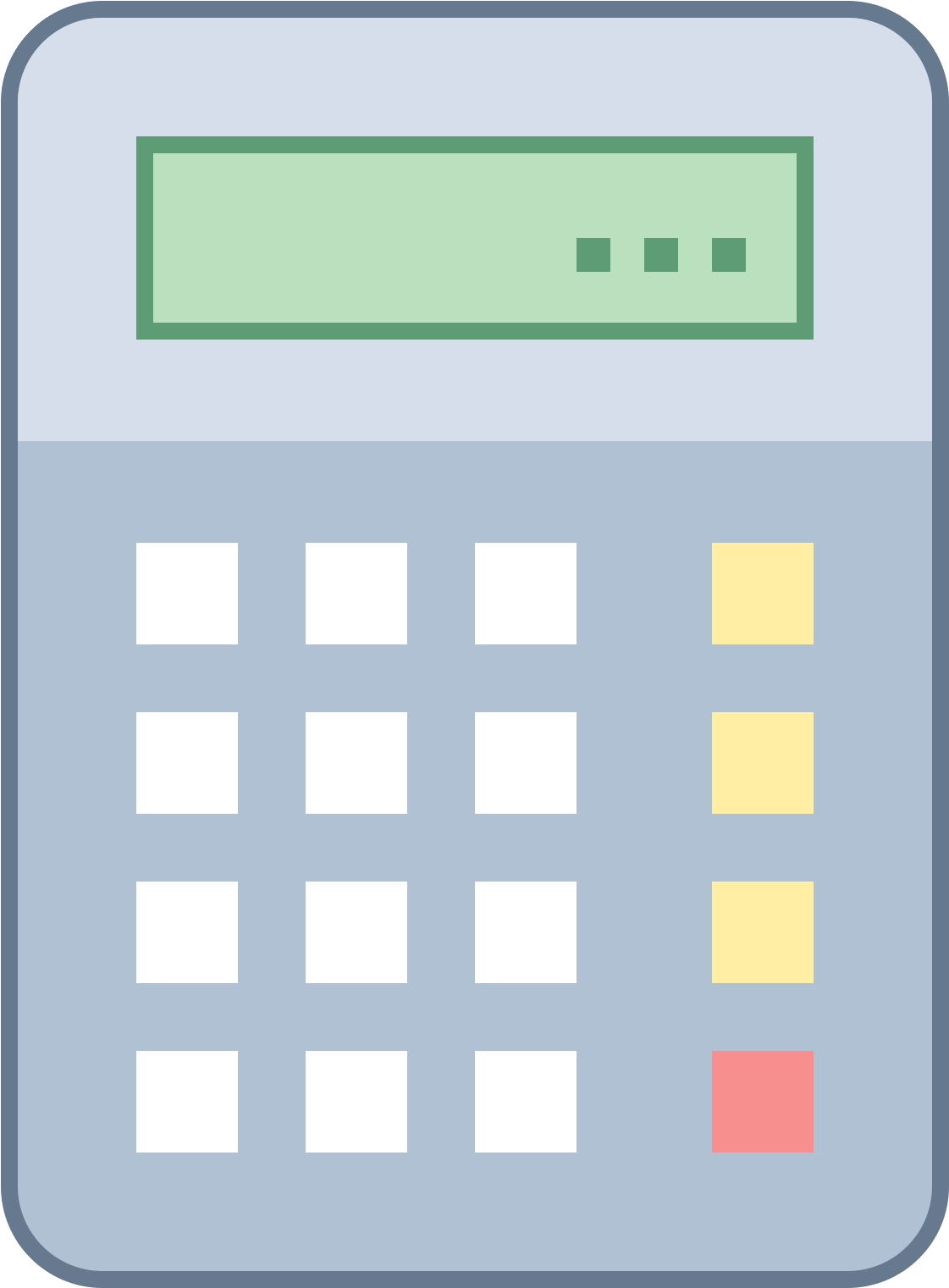 Calculator Icon 桌布 壁紙 — 極簡平面設計計算機，淺藍色機身，白色按鍵，黃色和紅色強調按鈕。
