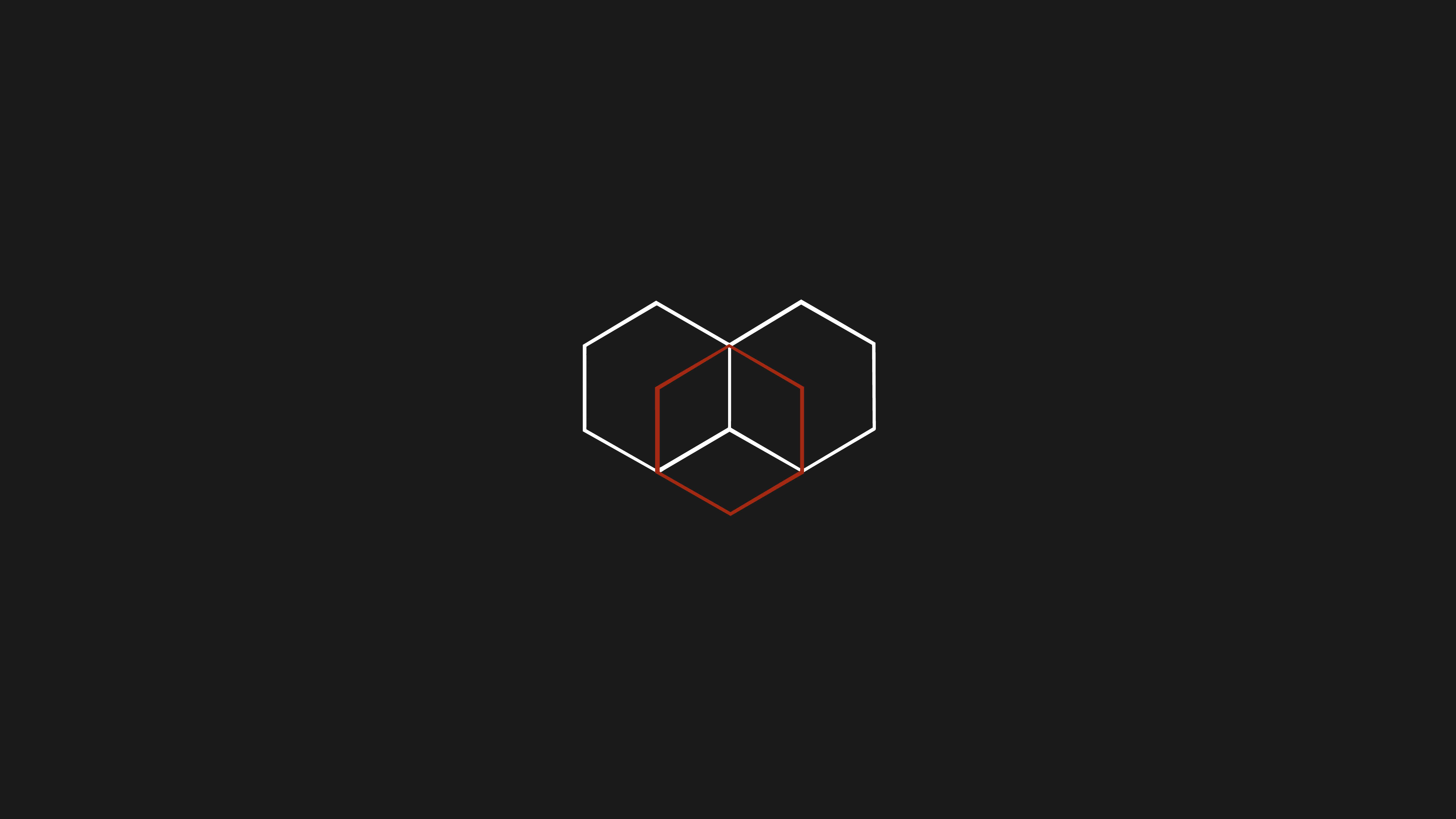 Black White And Red 桌布 壁紙 — 極簡幾何心形，由白色和紅色的互鎖六邊形在黑色背景上形成。