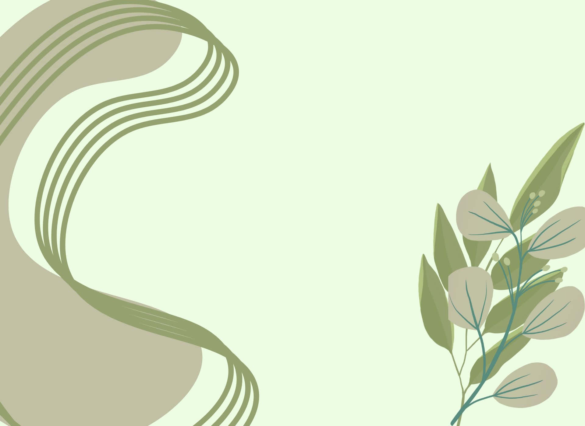 Aesthetic Green 桌布 壁紙 — 極簡抽象壁紙，在柔和的薄荷色背景上，有流動的橄欖綠線條和尤加利樹枝。