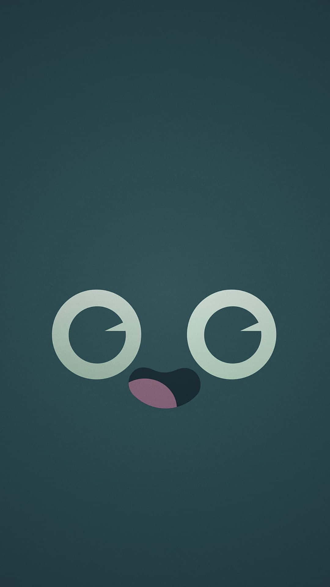 Kawaii Emoticon 桌布 壁紙 — 極簡抽象壁紙，在深藍綠色背景上有一個可愛的臉，有兩個圓形眼睛和一個伸出的小粉紅色舌頭。