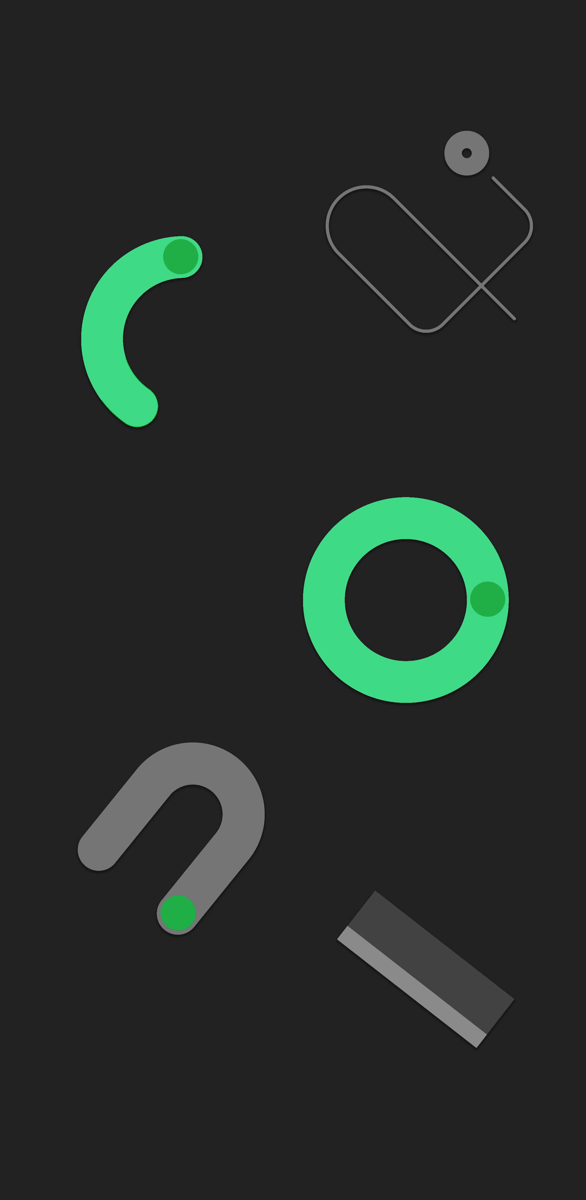 Pixel 3 Amoled 桌布 壁紙 — 極簡抽象壁紙，深色背景上漂浮著綠色和灰色的幾何形狀。