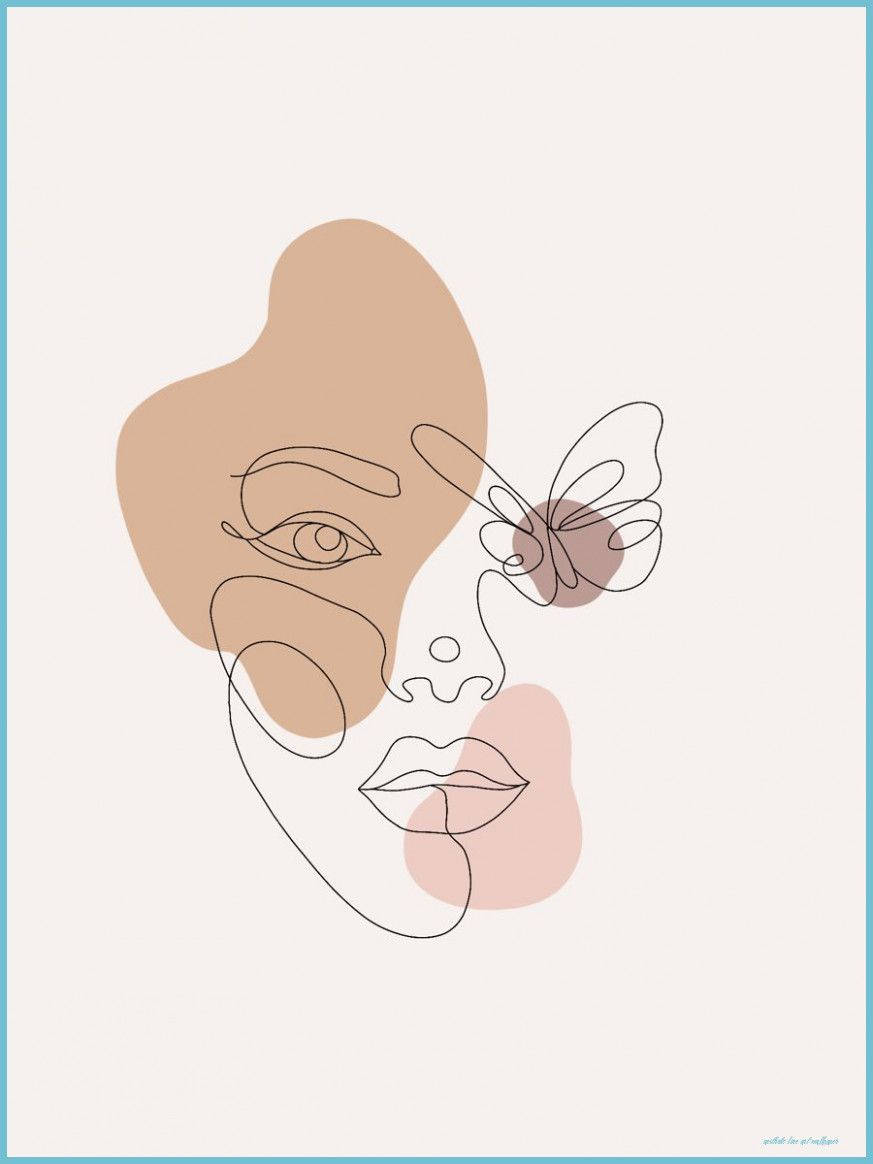 One Line Drawing 桌布 壁紙 — 極簡抽象女性臉部肖像，以流暢線條和柔和米色粉紅形狀點綴在奶油色背景上。