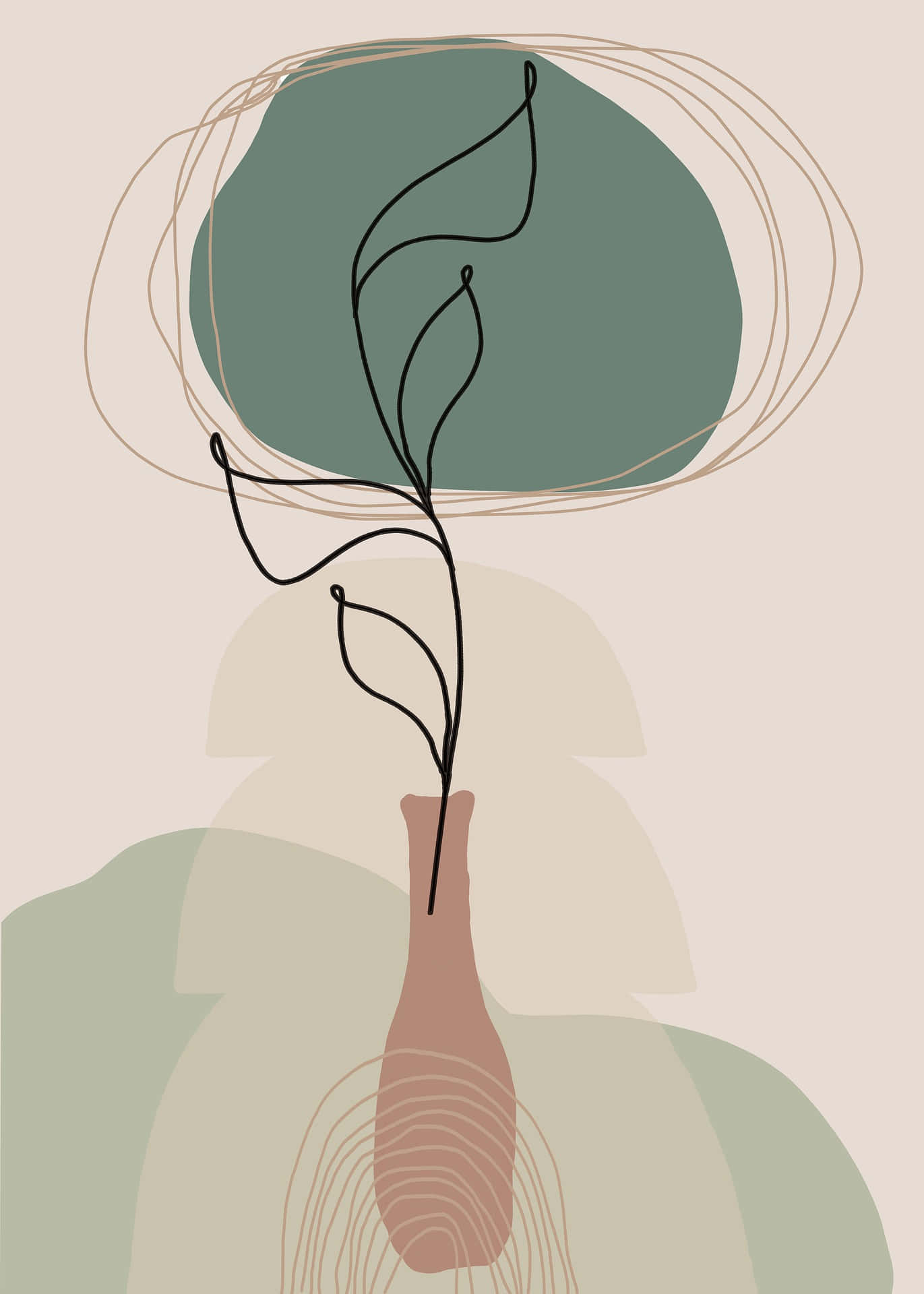 Boho Art 桌布 壁紙 — 極簡抽象插圖，描繪一個纖細花瓶，內有一株以黑色線條繪製的植物，背景為柔和淡雅的綠色和米色形狀。