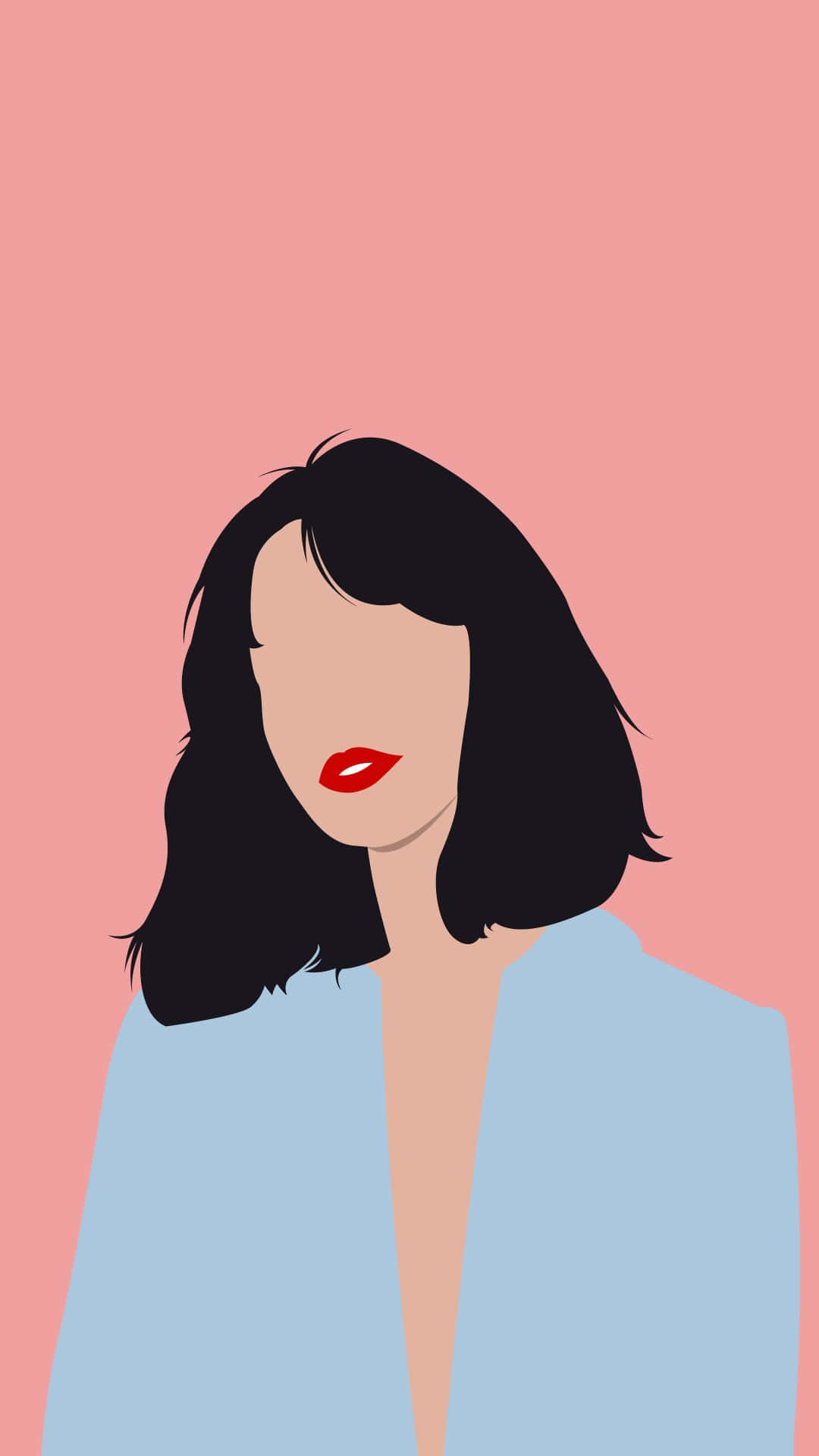 Illustration 桌布 壁紙 — 極簡插圖，一位黑色鮑伯頭、大膽紅唇的女性，背景為柔和粉紅色。