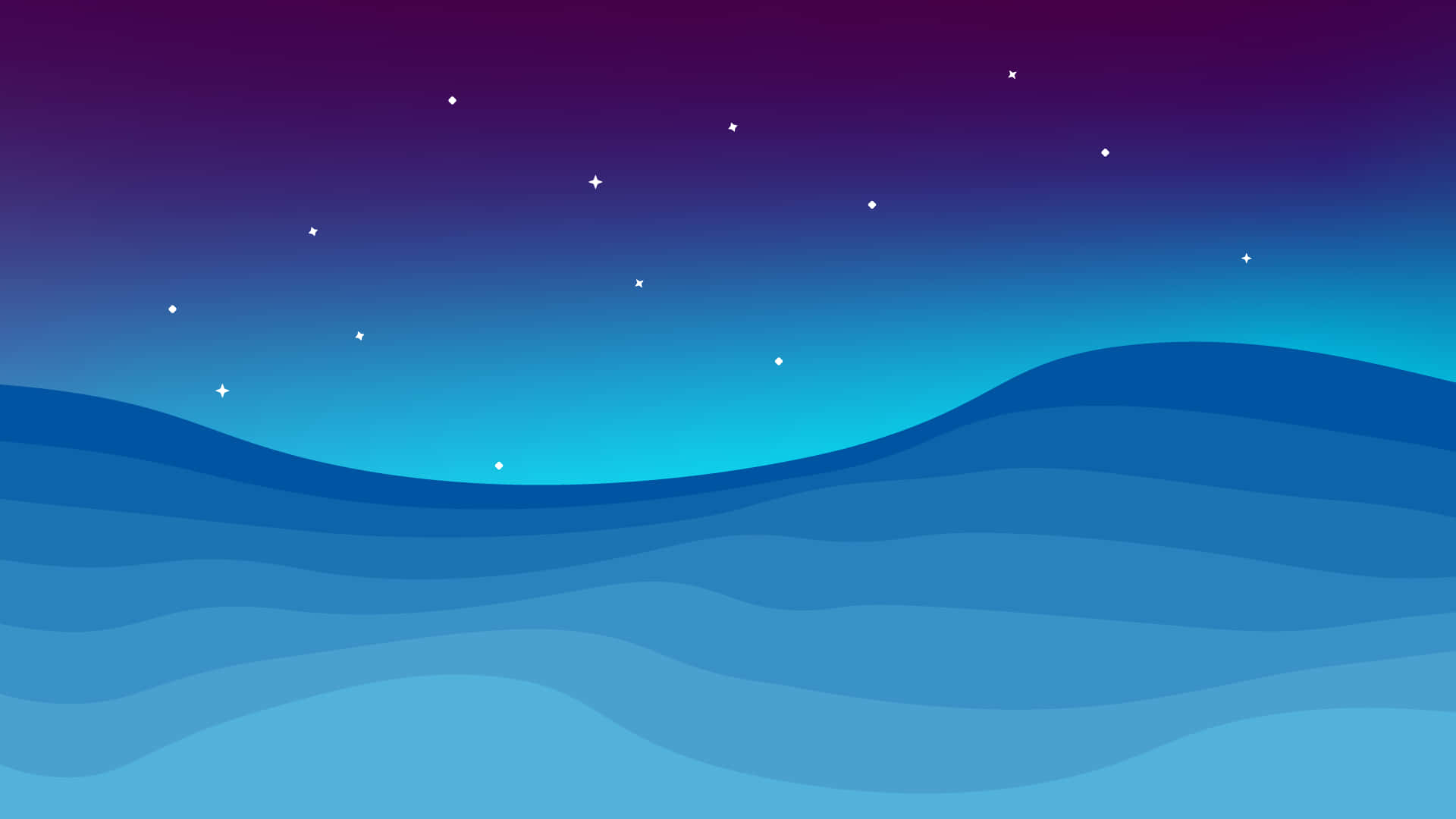 Minimalist Blue 桌布 壁紙 — 極簡數位插畫中，層疊藍色海浪上的星空夜空。