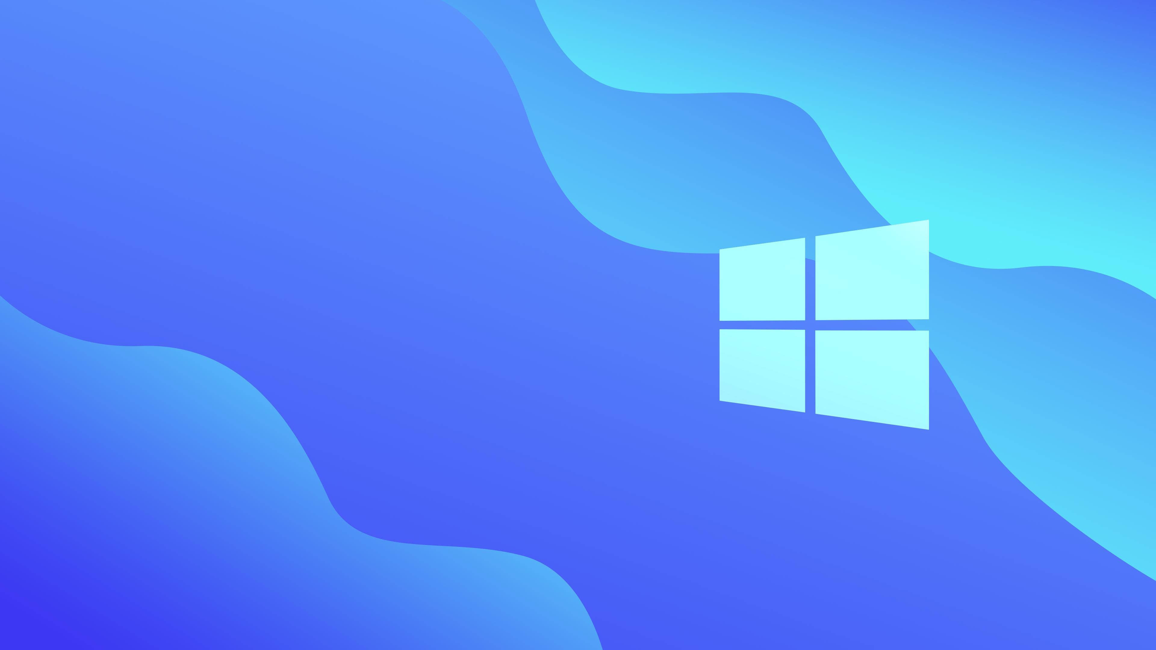 Windows 11 桌布 壁紙 — 極簡數位桌布，中央發光的Windows標誌位於流動的藍色漸變波浪上。