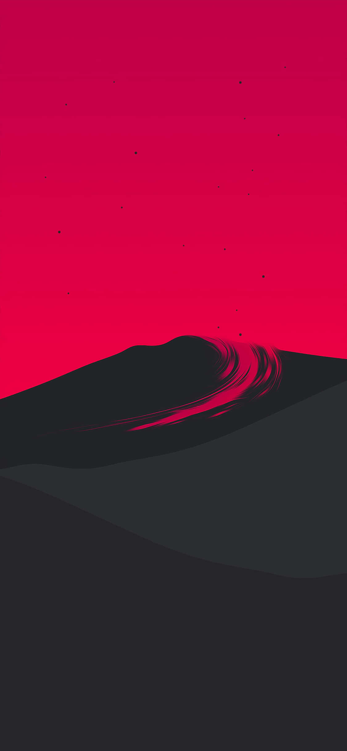 Hype Aesthetic 桌布 壁紙 — 極簡數位藝術風格的山脈剪影，襯托著充滿動感的鮮紅色天空。