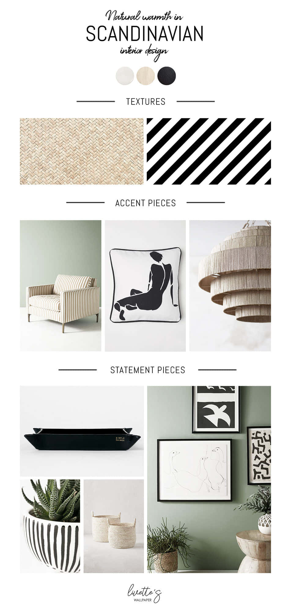 Aesthetic Moodboard 桌布 壁紙 — 極簡斯堪地那維亞室內設計拼貼，展示編織質感、黑白條紋圖案和現代家具，背景為柔和綠色牆壁。