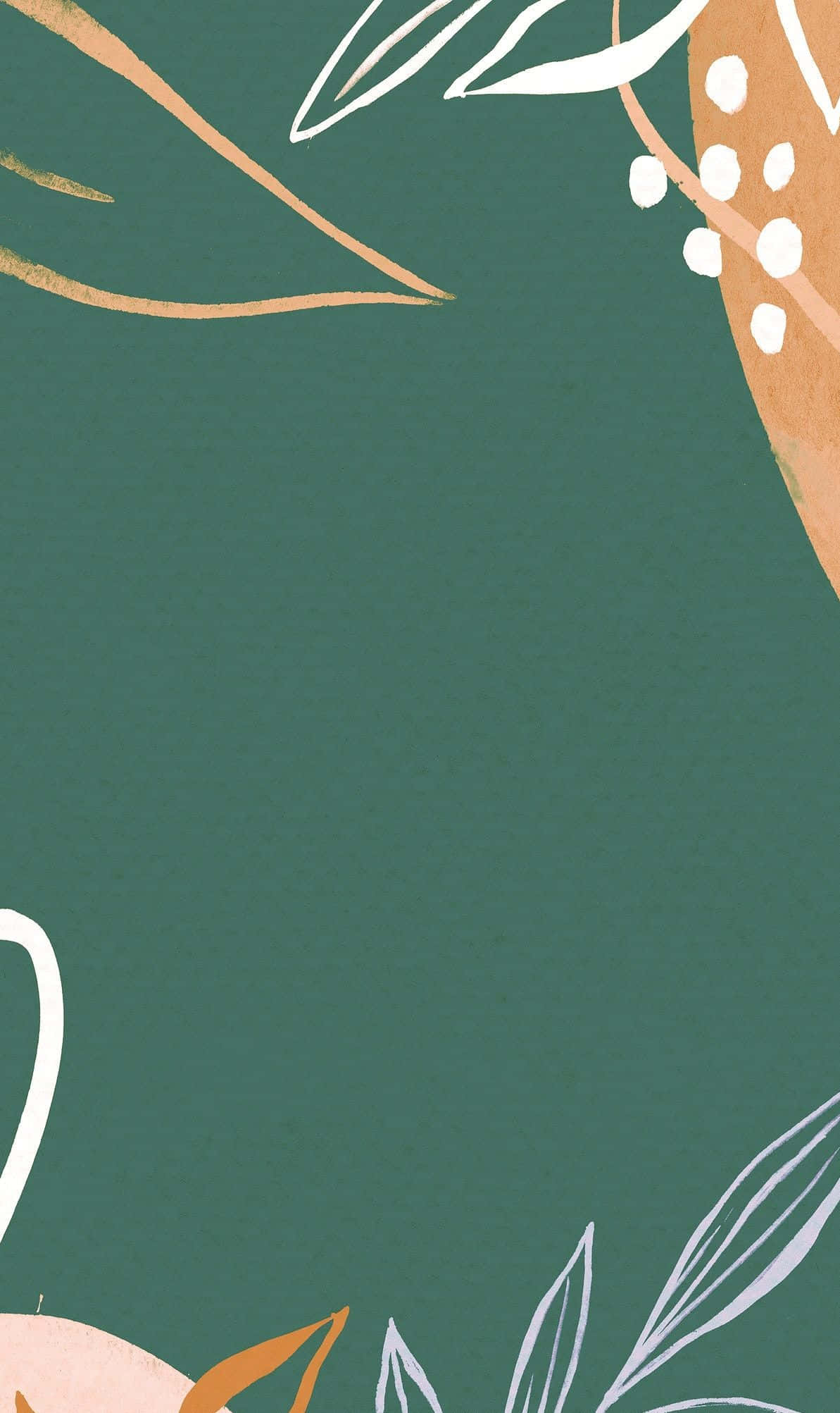 Earth Tone 桌布 壁紙 — 極簡植物插圖，以白色和金色葉片圖案框住深綠色背景。