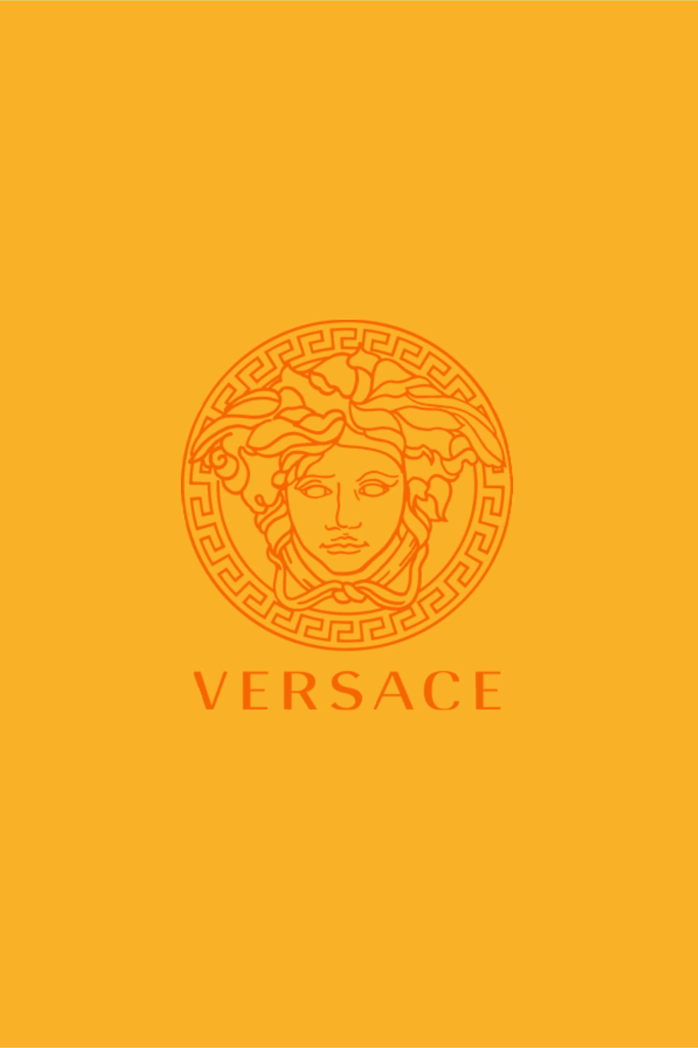 Luxury 桌布 壁紙 — 極簡橙色桌布，以匹配的輪廓風格呈現標誌性的凡賽斯美杜莎頭標誌和品牌名稱。
