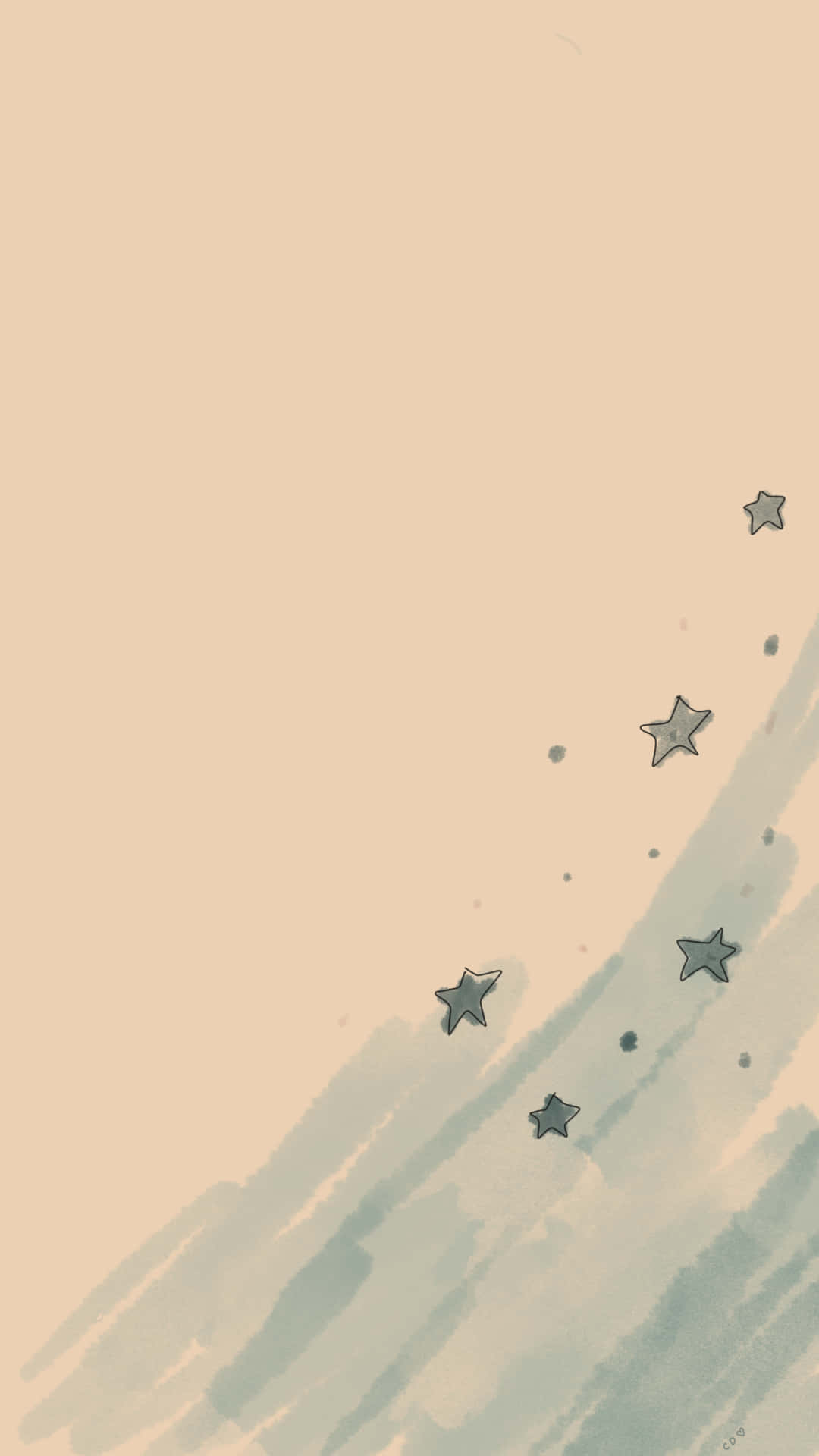 Stars 桌布 壁紙 — 極簡水彩背景，散落的灰色星星在柔和的米色和藍綠色筆觸上飄浮。