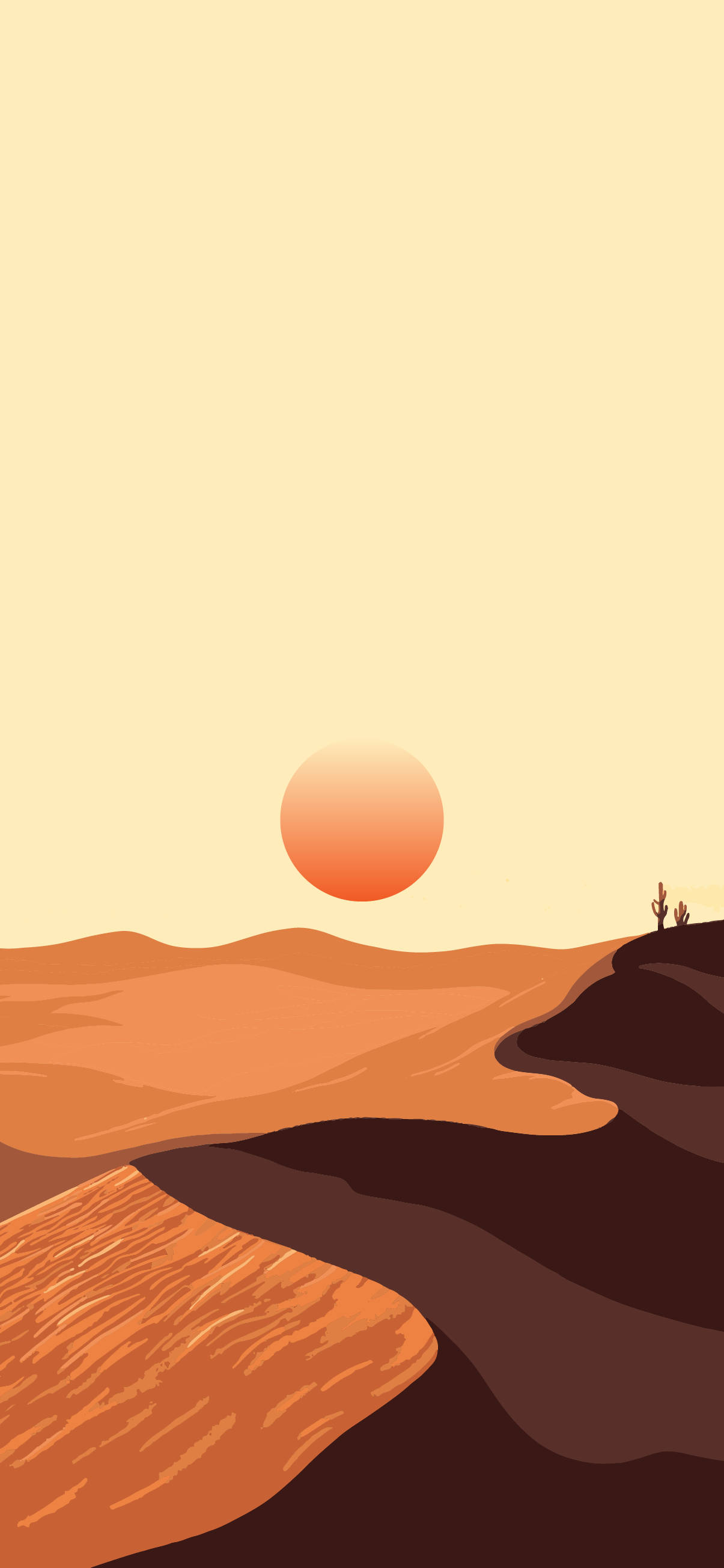 Desert Sun 桌布 壁紙 — 極簡沙漠日落，橙色起伏山丘與孤獨仙人掌，襯以淡黃天空。