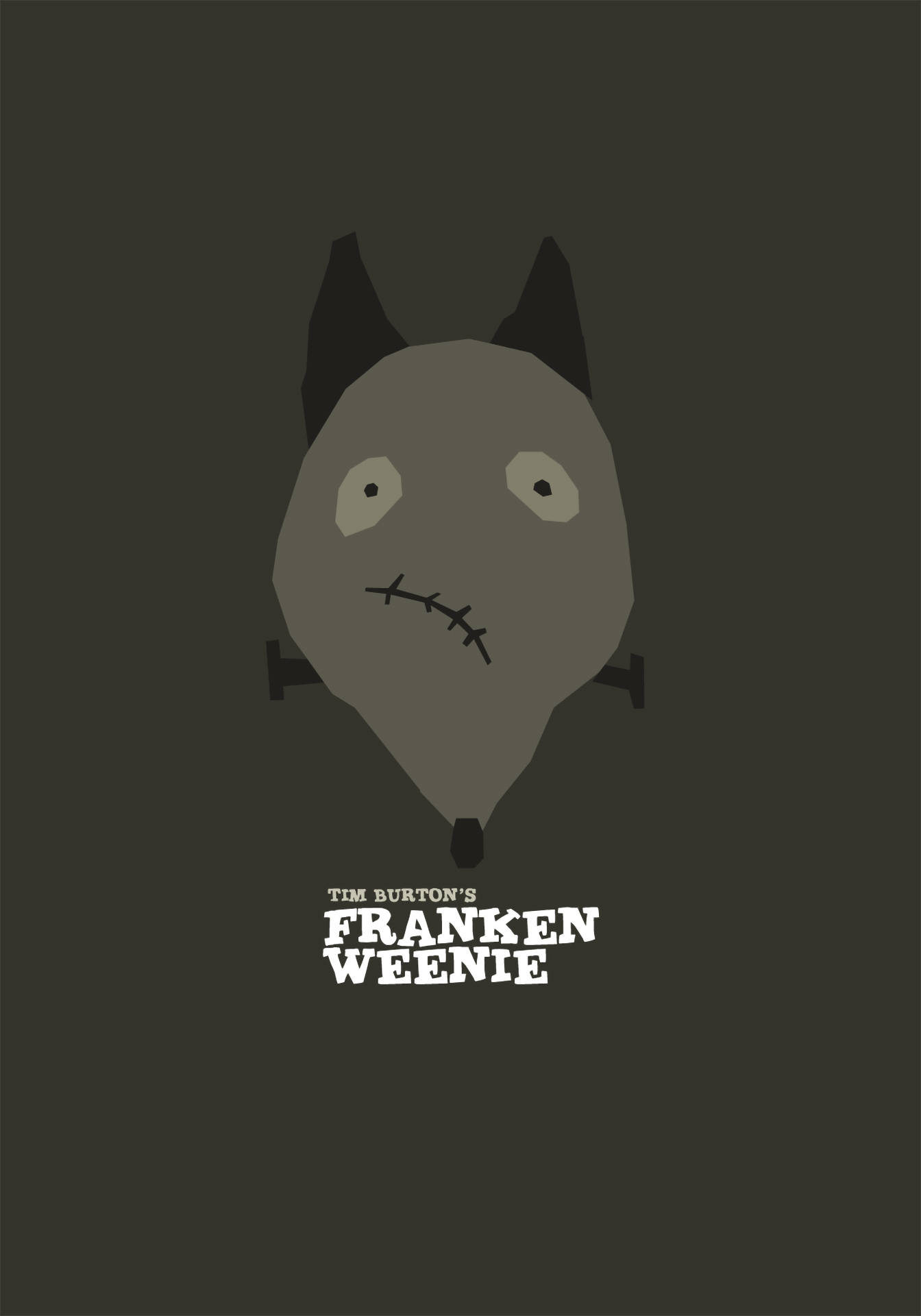 Frankenweenie 桌布 壁紙 — 極簡海報，一隻縫合的灰色狗，有蝙蝠耳朵，在深灰色背景上帶有白色文字。