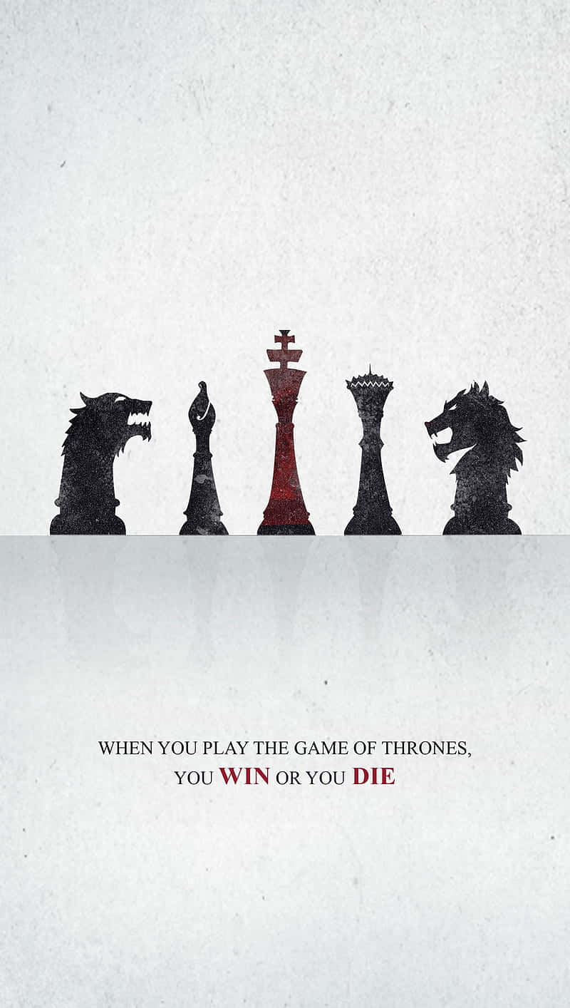 Game Of Thrones iPhone 桌布 壁紙 — 極簡海報，以冰原狼、手、國王、王冠和龍頭形狀的國際象棋棋子為特色，並附有《權力遊戲》的引言。