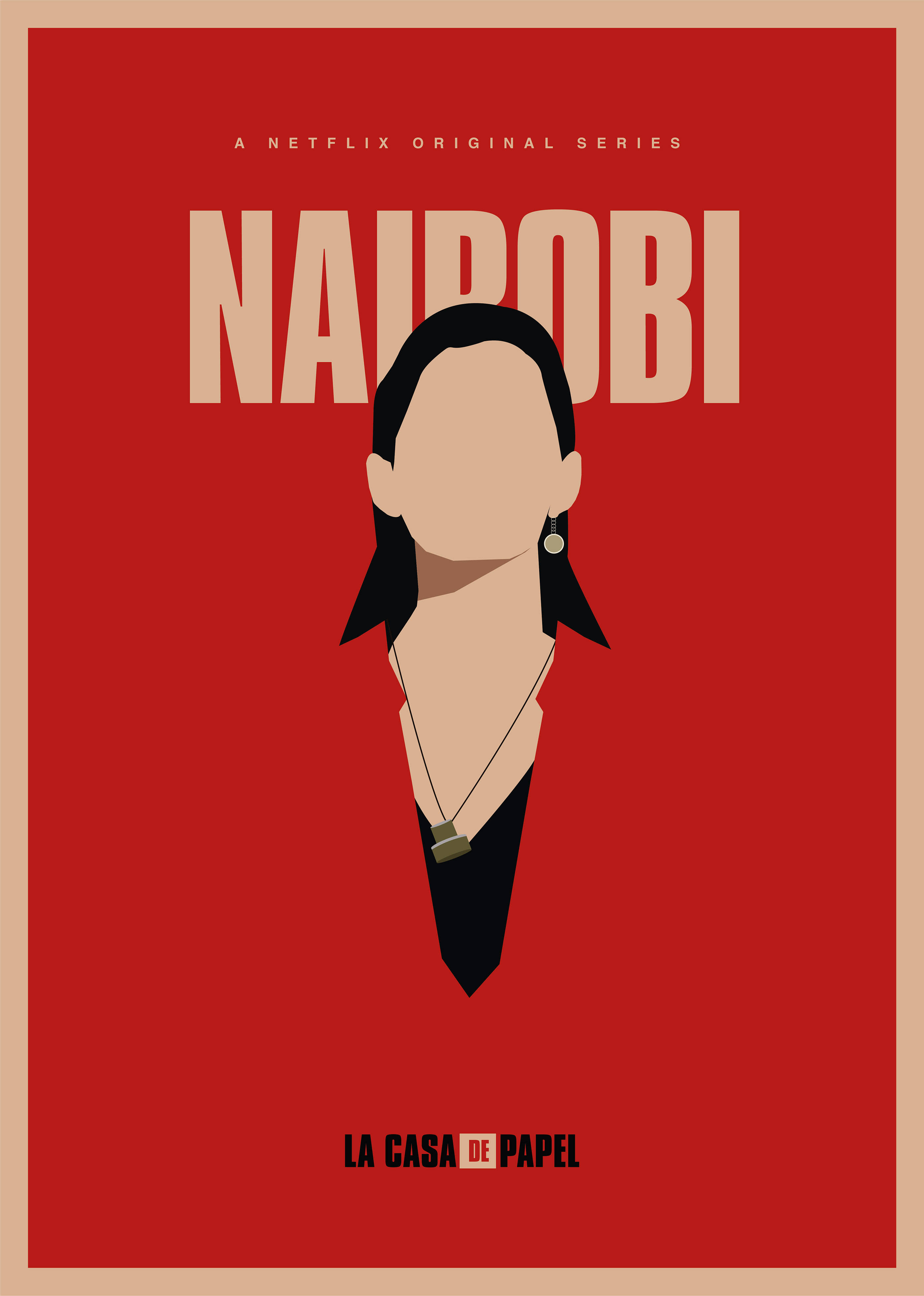 nairobi money heist 桌布 壁紙 — 極簡海報，黑色無臉女性，大膽紅色背景，帶有「NAIROBI」和「LA CASA DE PAPEL」文字。