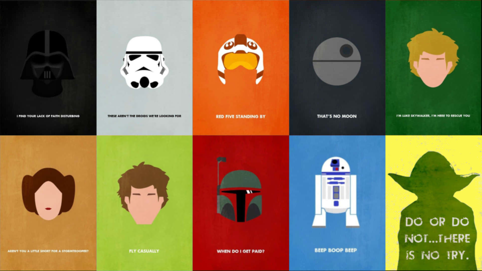 Funny Star Wars 桌布 壁紙 — 極簡海報網格，以鮮豔色塊呈現經典星戰角色，並附上著名台詞。