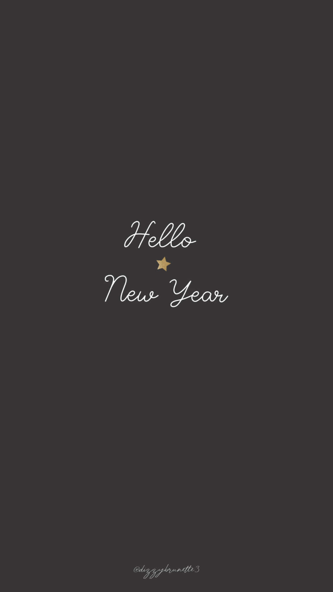 節日 桌布 壁紙 — 極簡深灰色壁紙，優雅的白色草書文字寫著 Hello New Year，行間有一顆小金星星。
