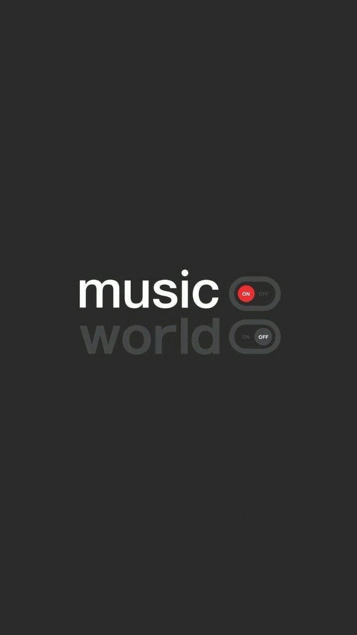 音樂 桌布 壁紙 — 極簡深灰色壁紙，帶有白色文字 music world 和兩個撥動開關，一個紅色開啟，另一個灰色關閉。