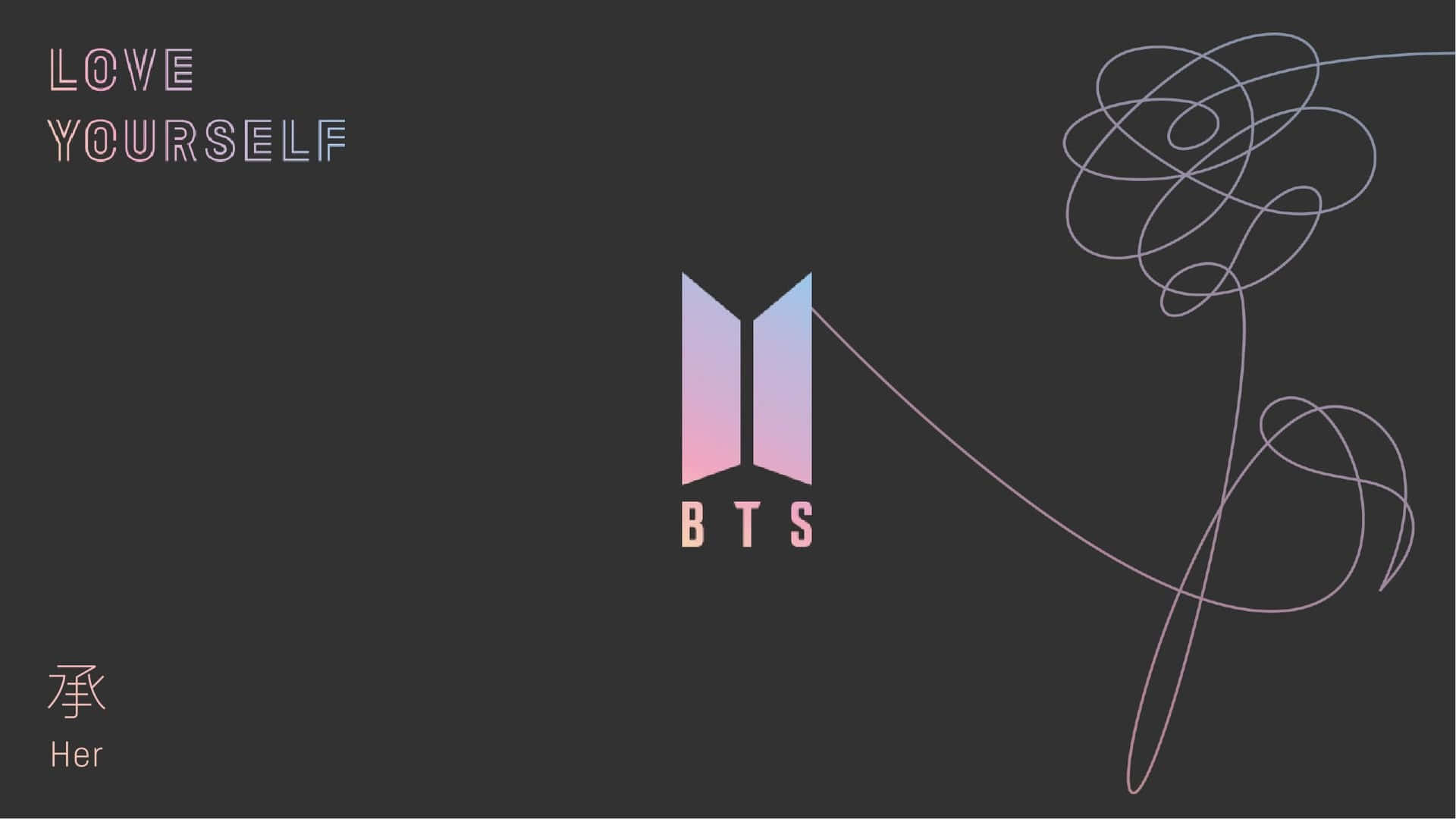 Aesthetic Korean 桌布 壁紙 — 極簡深灰色桌布，帶有BTS標誌，採用漸變粉紅色和紫色色調以及抽象線條藝術漩渦。