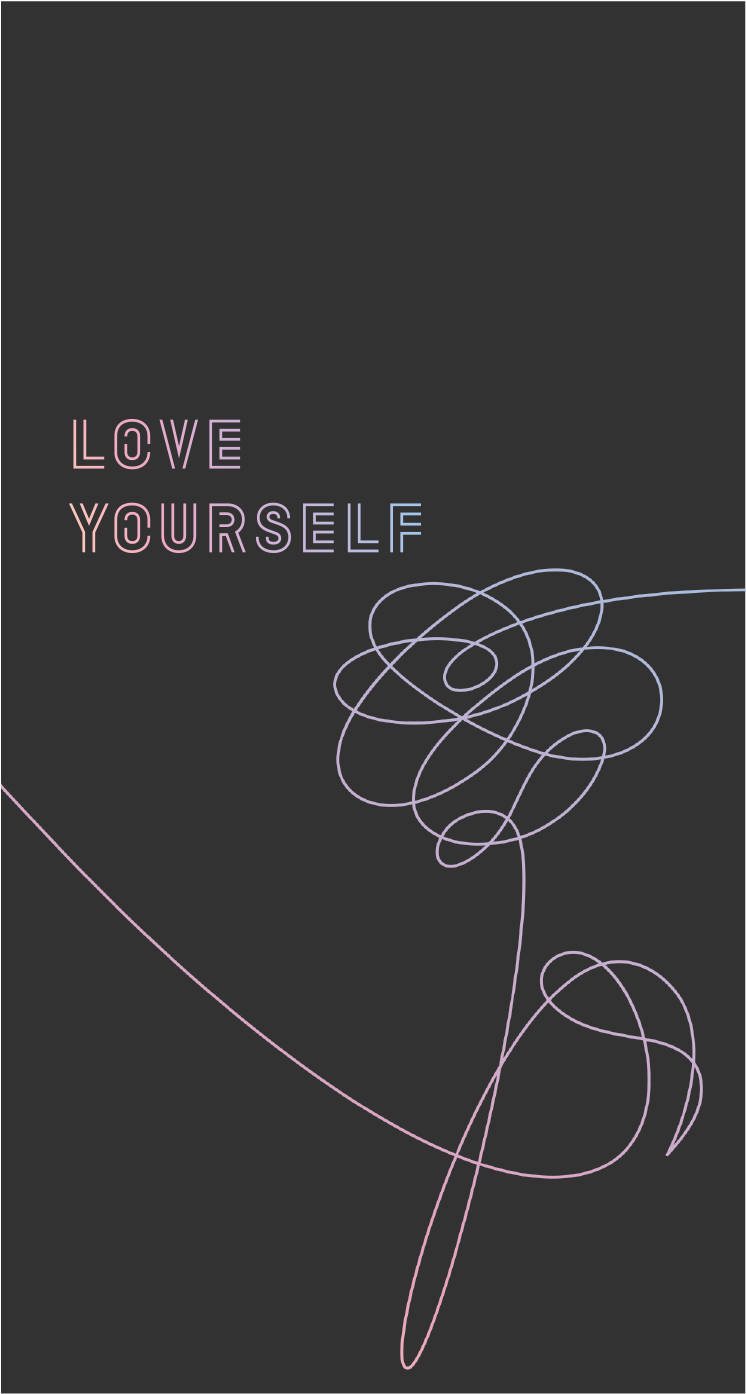 BTS 黑色 桌布 壁紙 — 極簡深灰色桌布，帶有發光的粉紅色和藍色文字 love yourself 以及精緻的線條繪製玫瑰。
