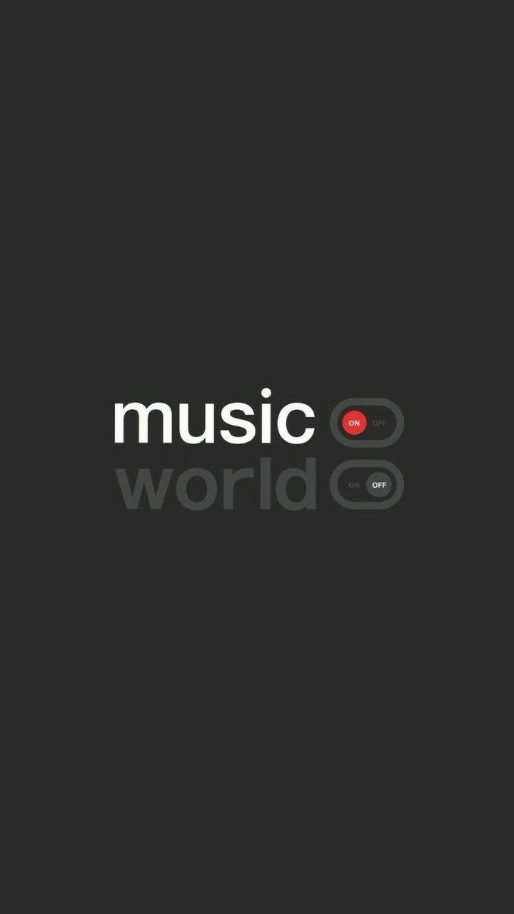 音樂美學 桌布 壁紙 — 極簡深灰色桌布，帶有白色文字music world和撥動開關，一個紅色開啟，另一個灰色關閉。
