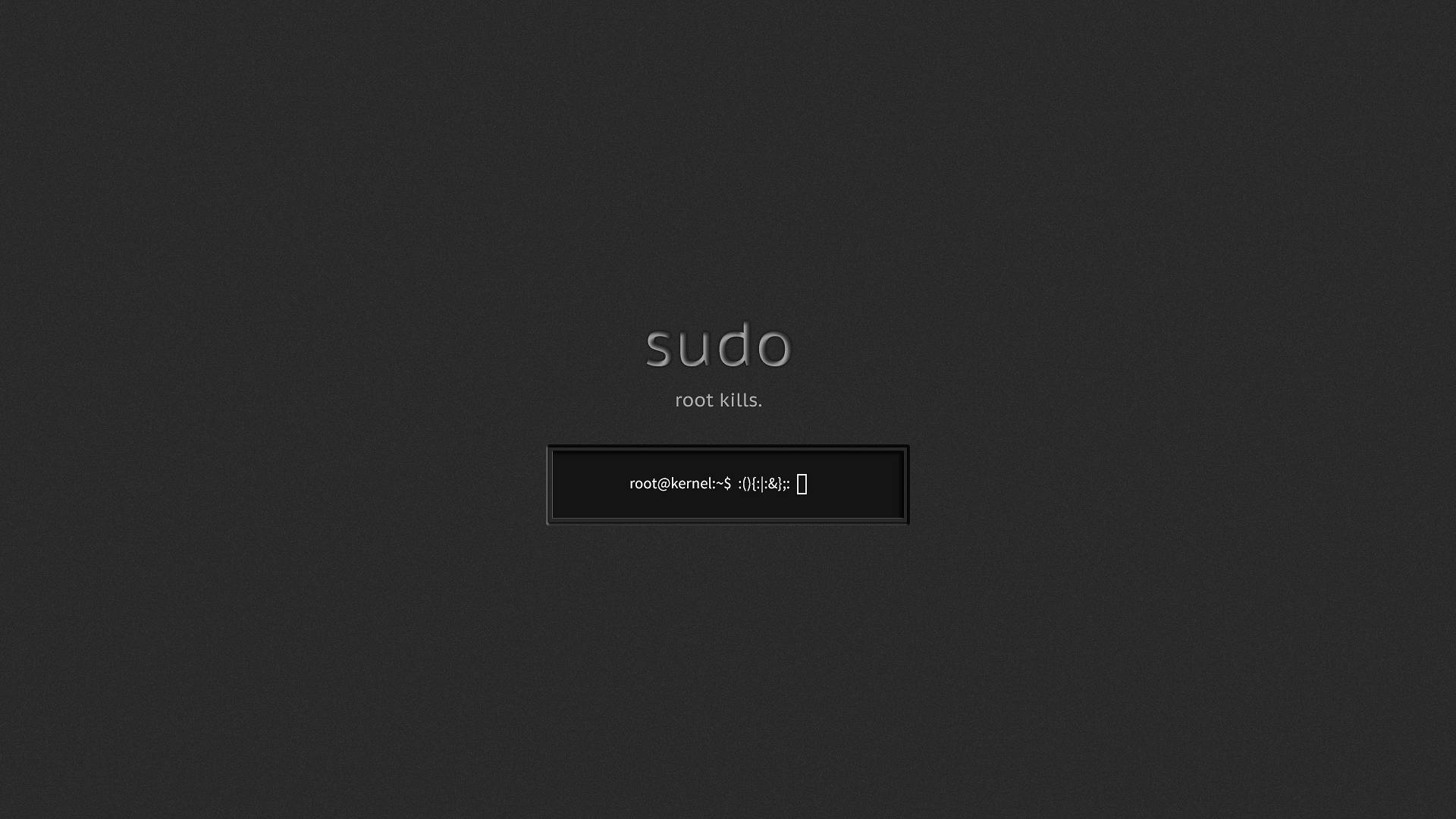 Linux 桌布 壁紙 — 極簡深灰色終端螢幕，顯示 sudo root kills 及命令提示字元。