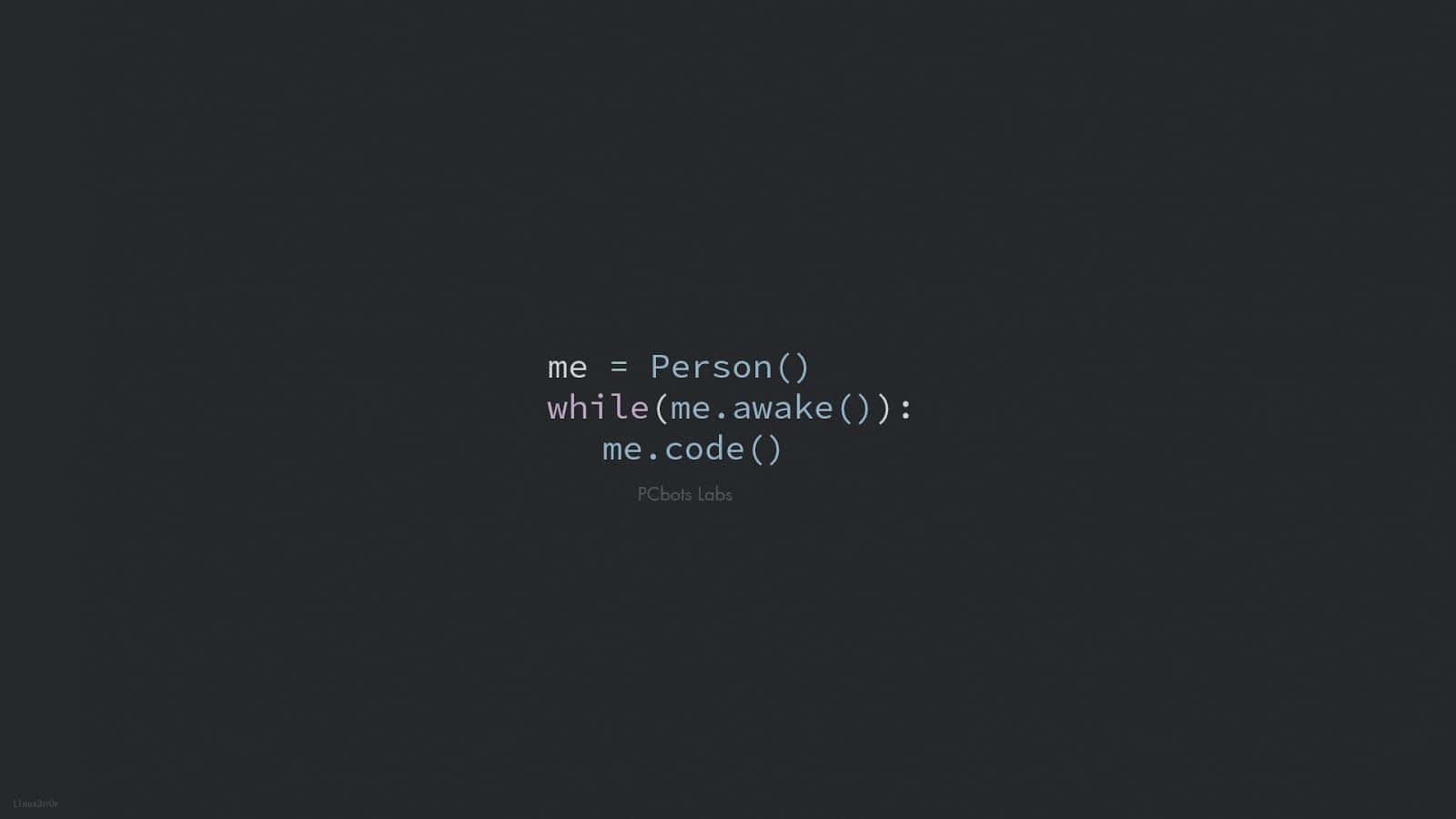 程式碼 桌布 壁紙 — 極簡深色桌布，顯示類似 Python 的程式碼片段 me = Person() while me.awake(): me.code()，帶有 PCbots Labs 浮水印。