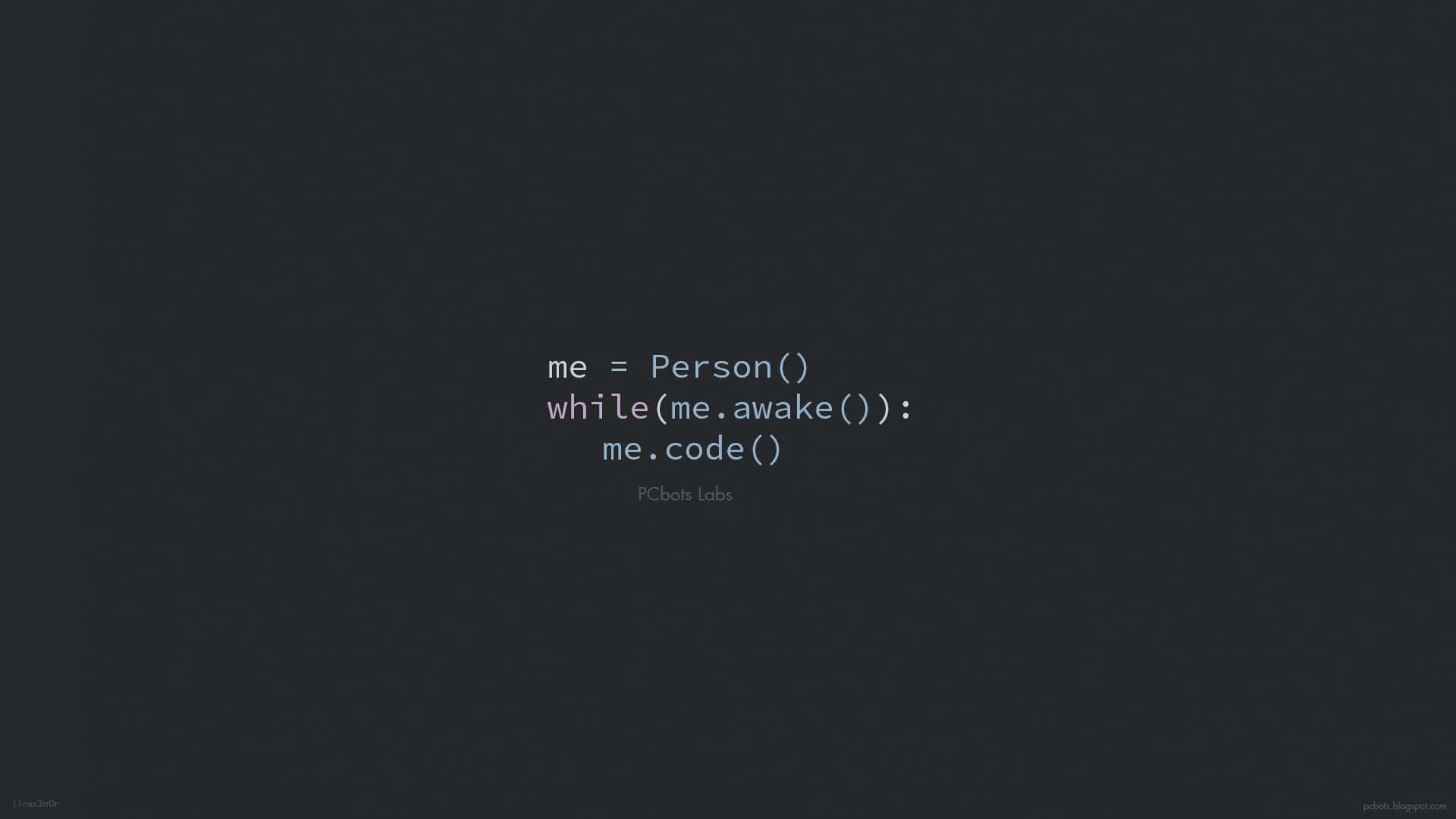 桌布 壁紙 — 極簡深色螢幕，顯示類似 Python 的程式碼片段，內容關於醒著時編程，下方有 'PCbots Labs' 文字。