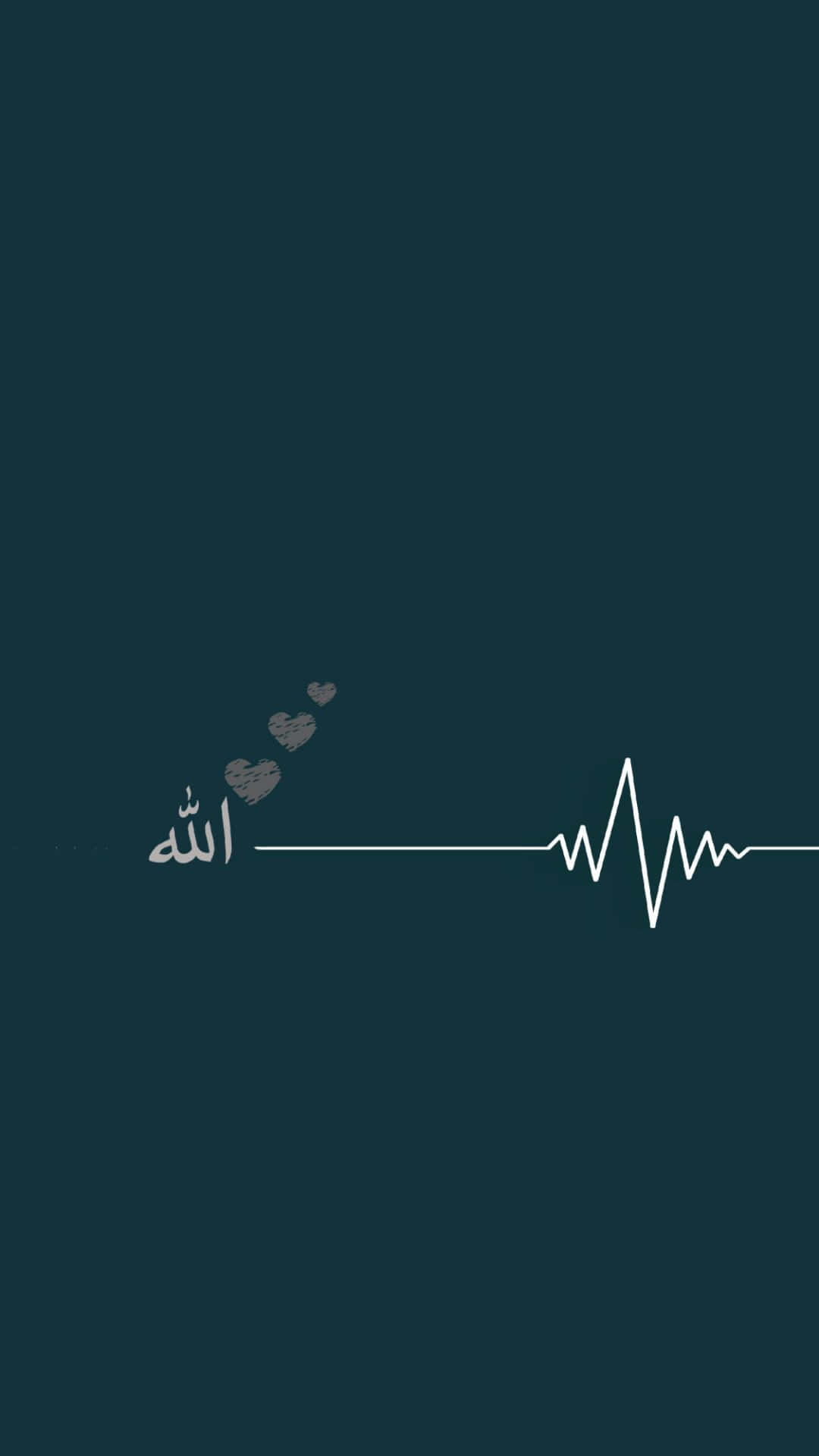 真主 桌布 壁紙 — 極簡深青色壁紙，帶有白色阿拉伯文字 Allah 和心跳線及漂浮的心形。