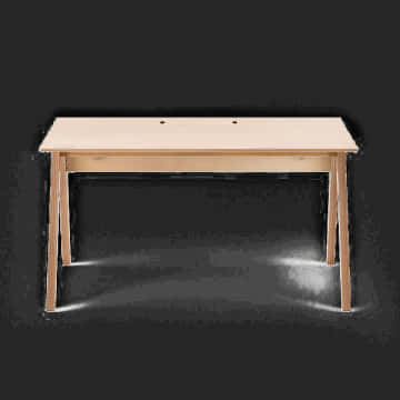 Wooden Table 桌布 壁紙 — 極簡淺色木桌，帶有傾斜桌腿，在深色背景和聚光燈下居中擺放。