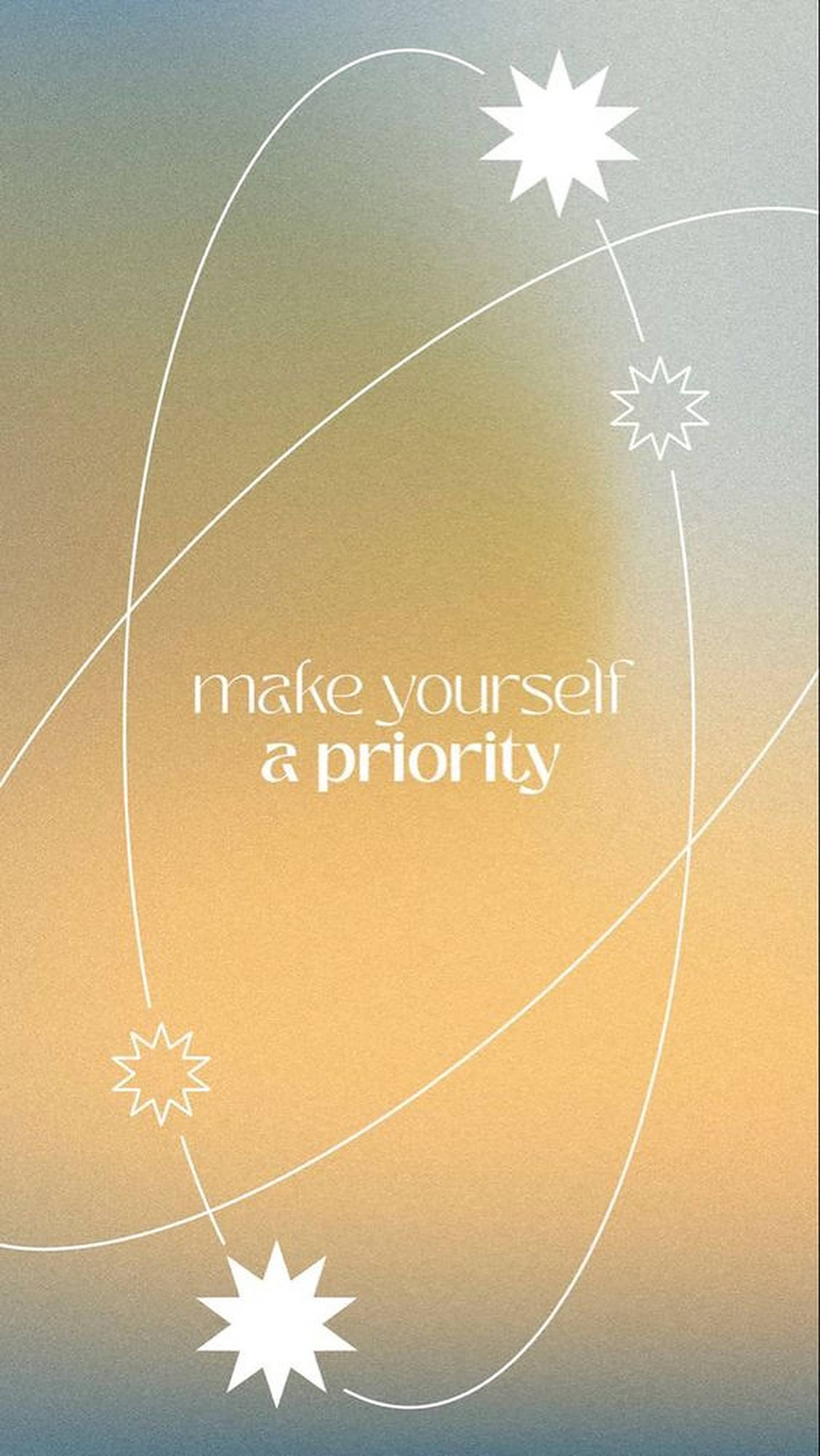 Positive Quotes 桌布 壁紙 — 極簡漸層背景，白色星星和環繞線條包圍文字「讓自己成為優先」。