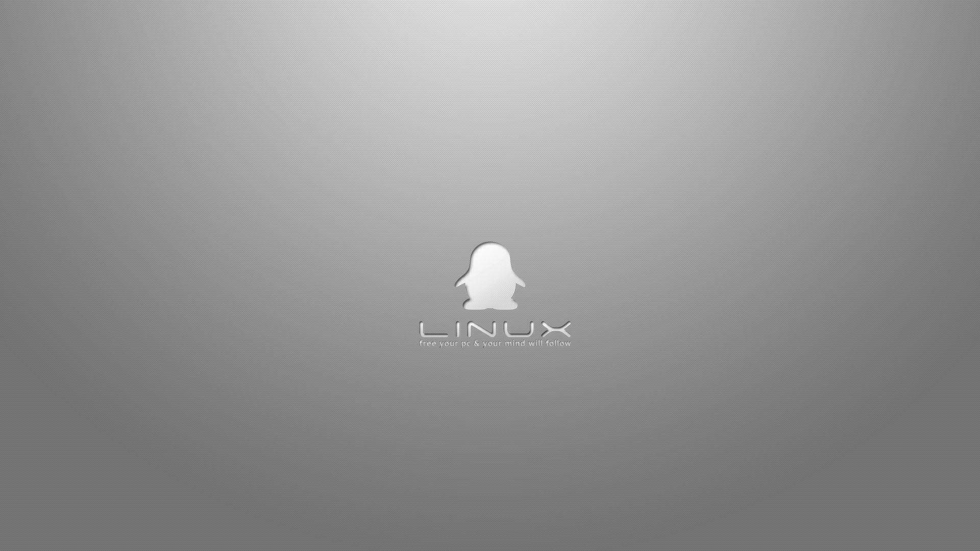 桌面 桌布 壁紙 — 極簡灰色漸層桌布，中央有白色Linux企鵝標誌，並帶有Linux字樣和標語。