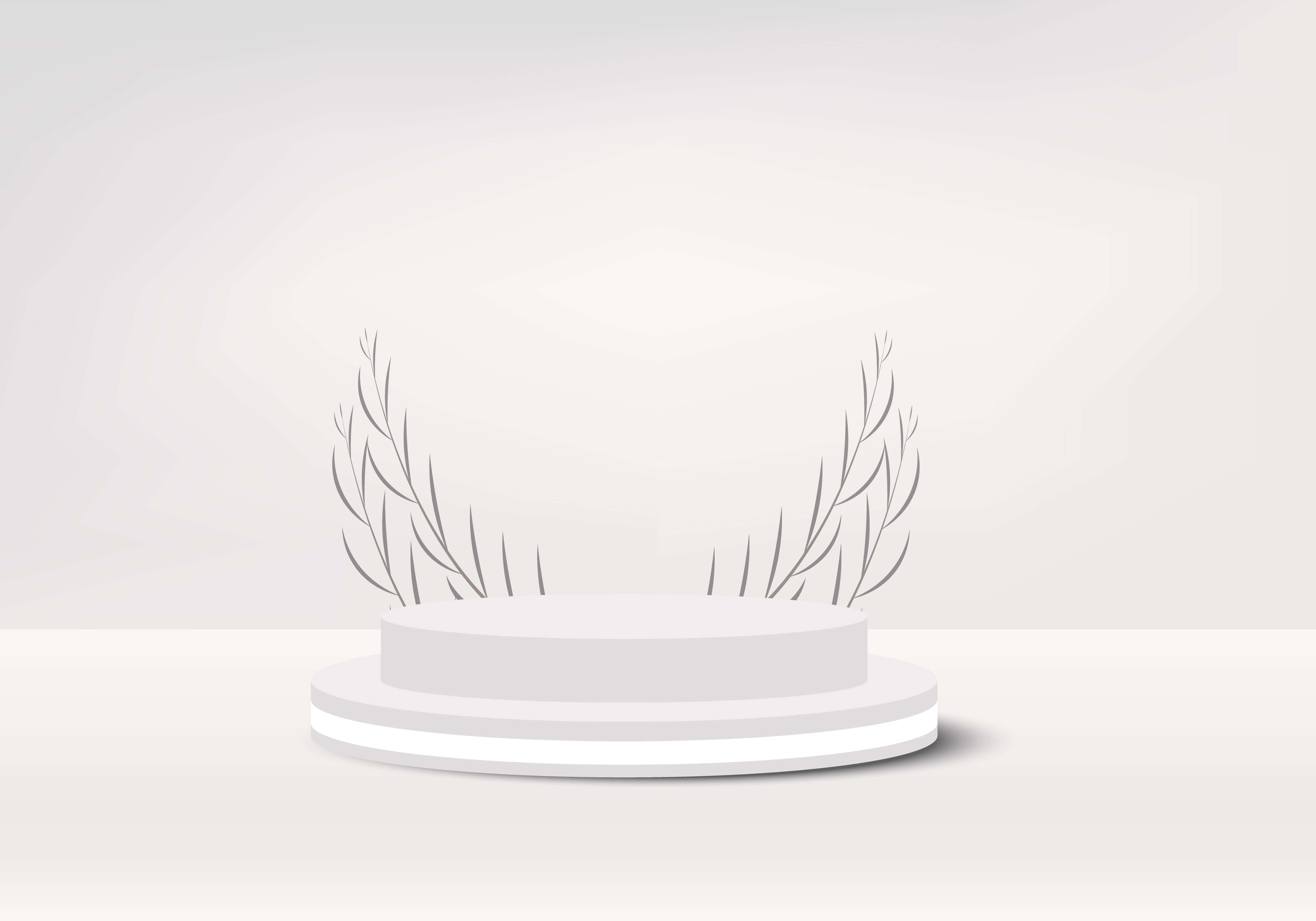 Mockup 桌布 壁紙 — 極簡白色圓形展台，兩側對稱的灰色樹葉枝條，背景為柔和漸變色。