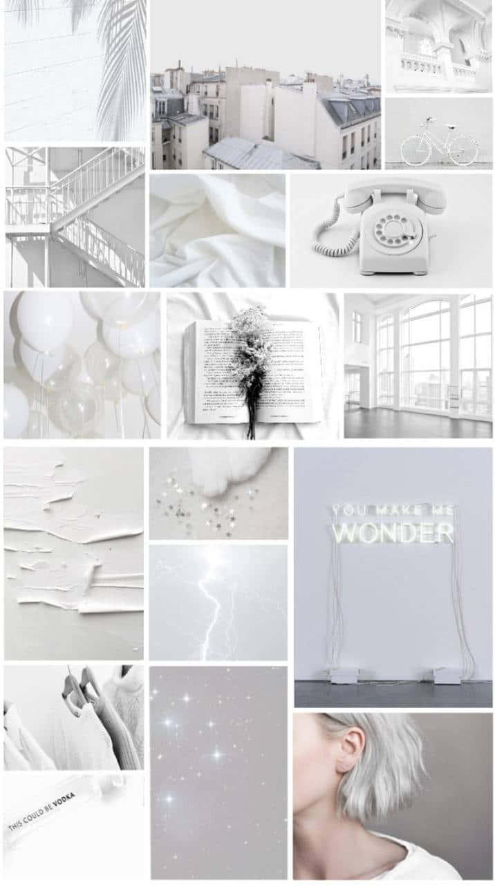 White Aesthetic Collage 桌布 壁紙 — 極簡白色拼貼畫，以城市屋頂、復古電話、氣球和星空為特色，喚起寧靜平和。