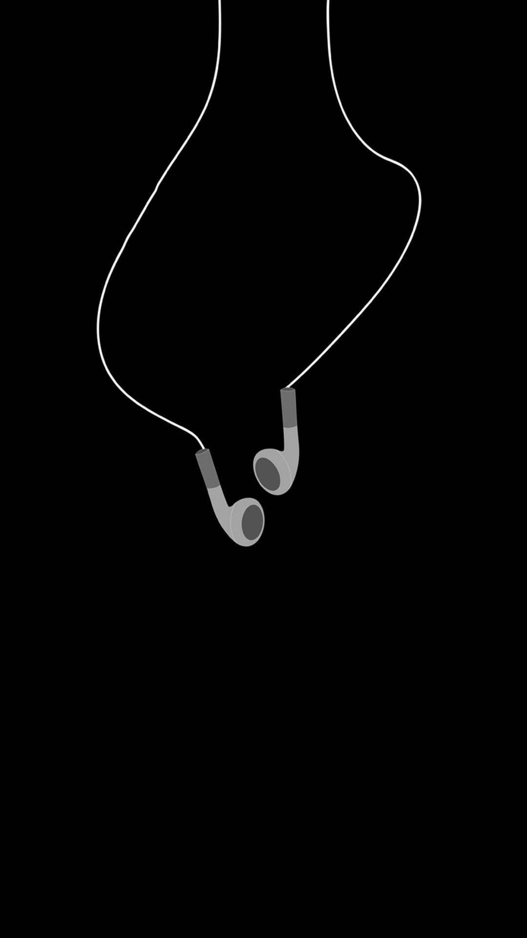 black apple iPhone 桌布 壁紙 — 極簡白色耳機搭配彎曲線材，懸掛在純黑背景上。