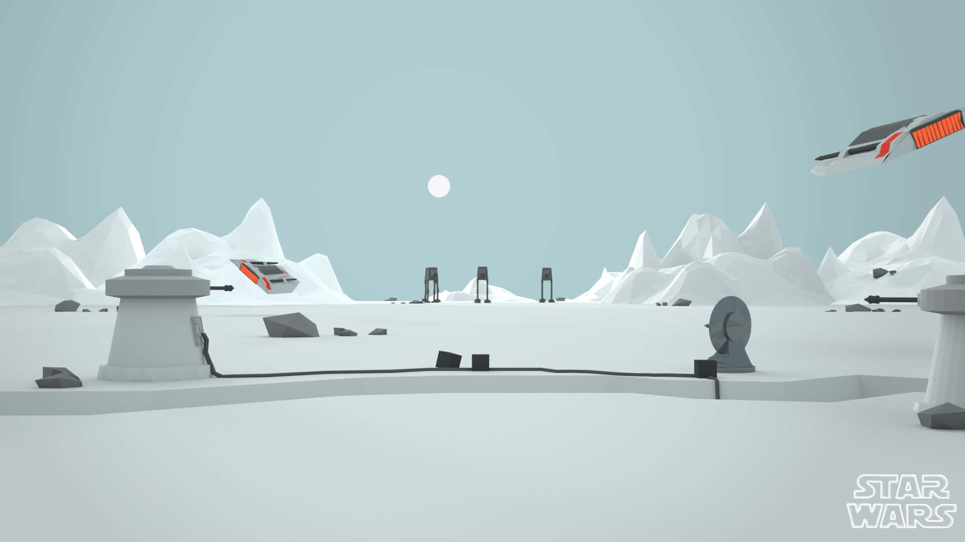 Battle Of Hoth 桌布 壁紙 — 極簡白色風景，幾何山脈和星際大戰TIE戰鬥機在蒼白天空下飛越雪地。