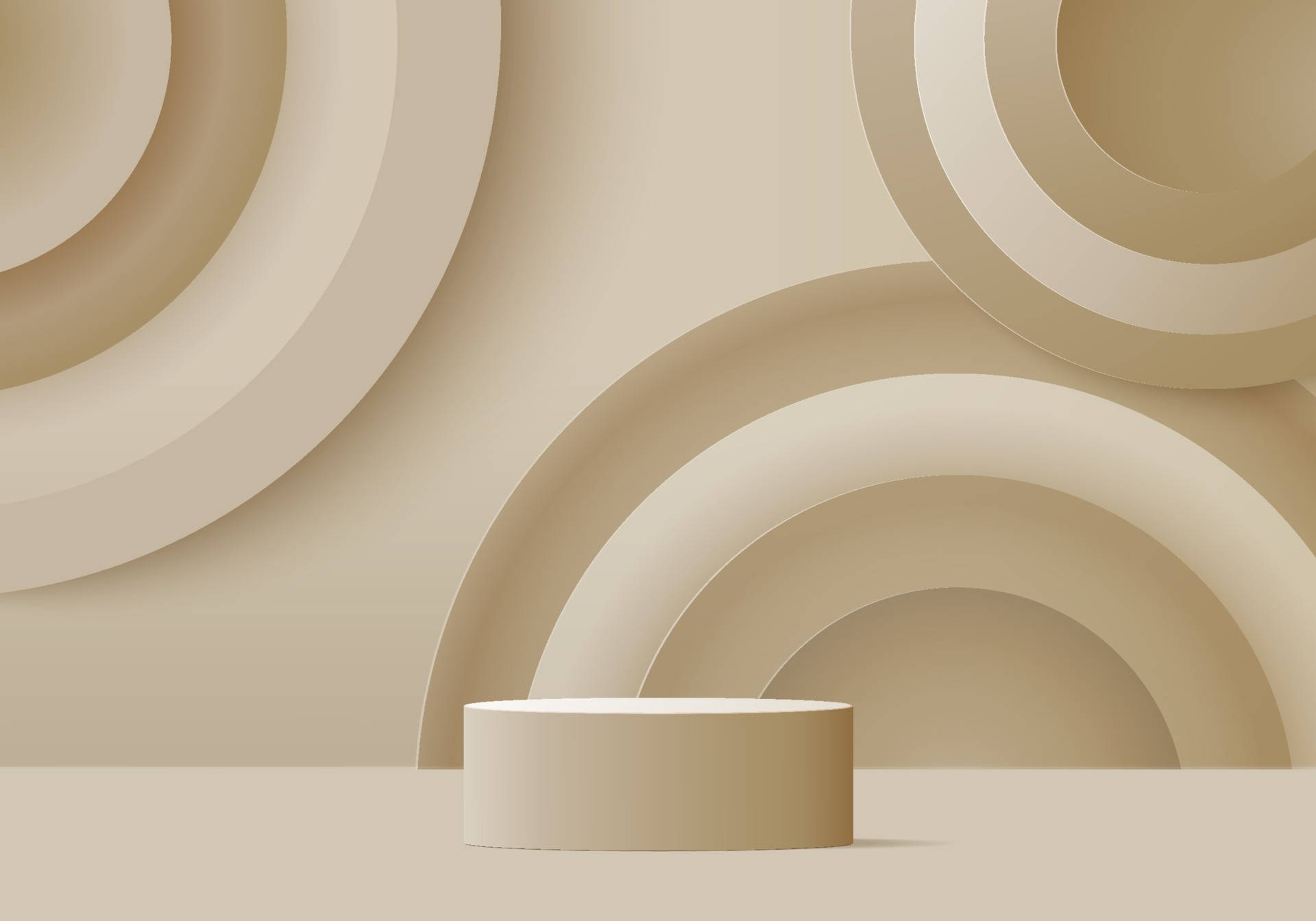Beige Pastel 桌布 壁紙 — 極簡米色圓形牆壁，浮動拱門環繞中央圓柱形底座，柔和環境光。