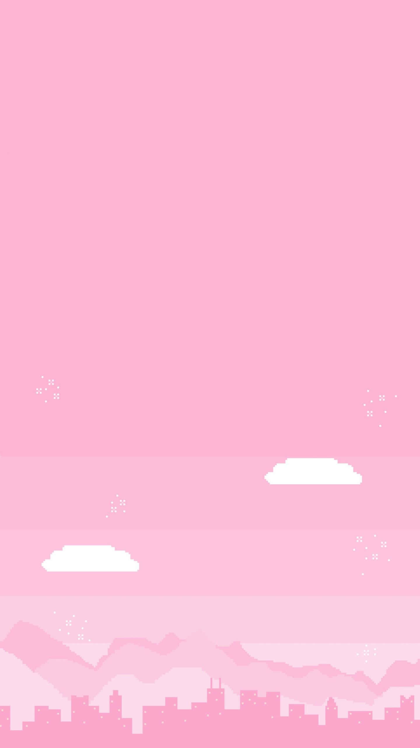 Cool Pink 桌布 壁紙 — 極簡粉紅天空，白雲和下方像素化的山城景觀。