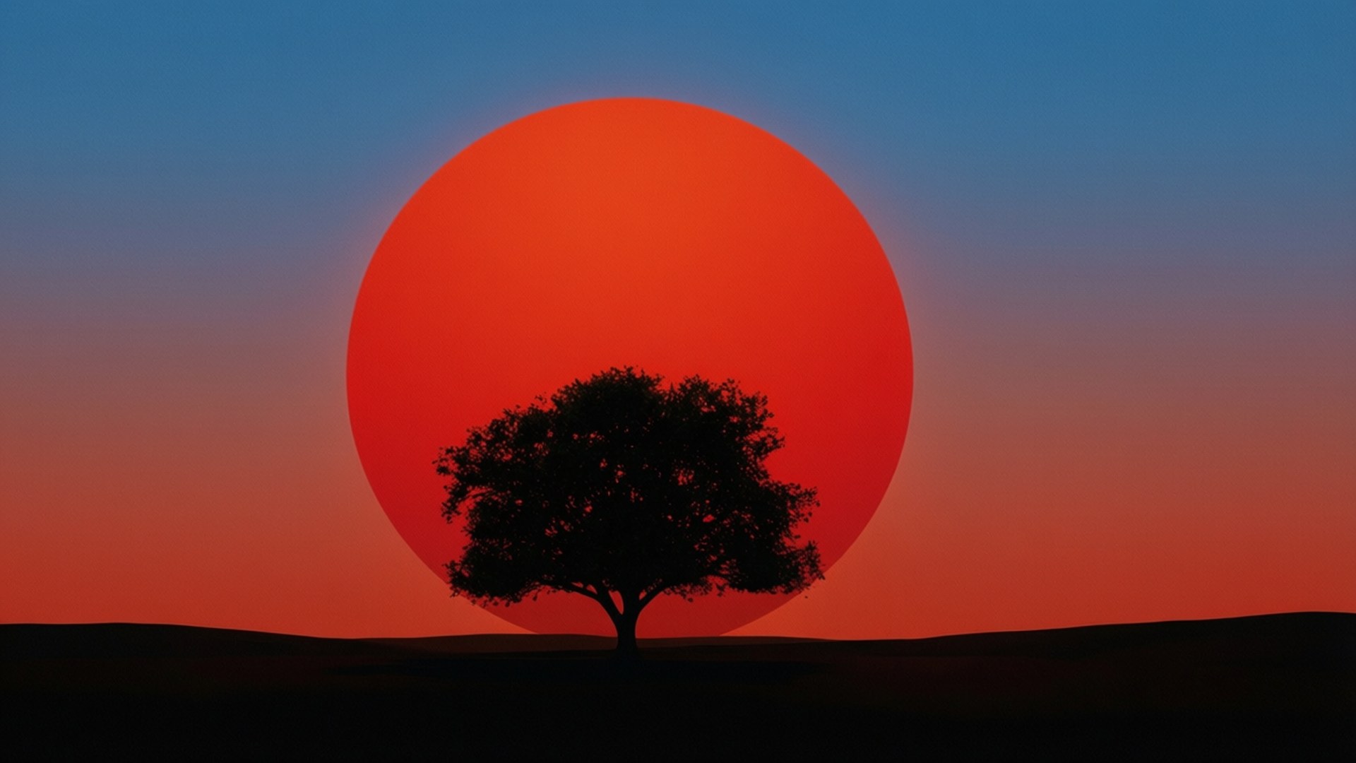 極簡紅日 壁紙 — 一棵孤獨的樹在平坦的地平線上空，以巨大的橙色太陽為背景，形成黑暗的剪影。