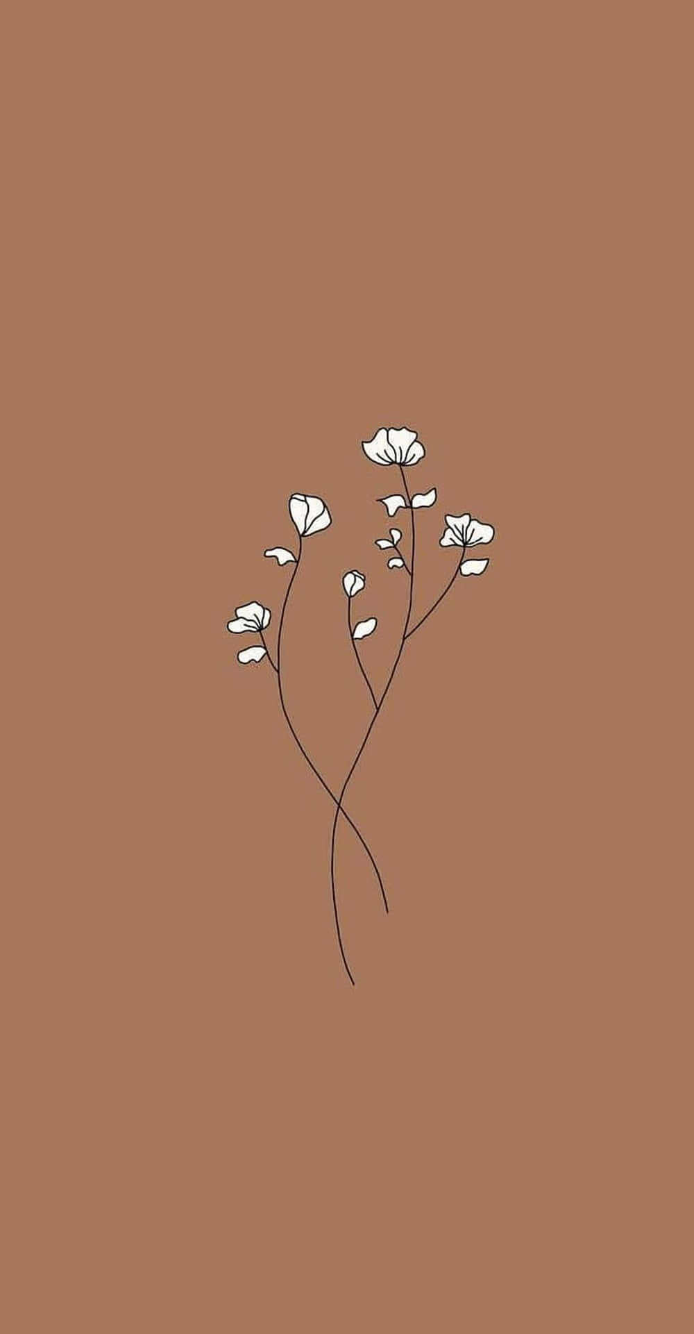 Brown Minimalist 桌布 壁紙 — 極簡線條畫，描繪纖細白花立於細長莖上，襯以純色暖棕色背景。